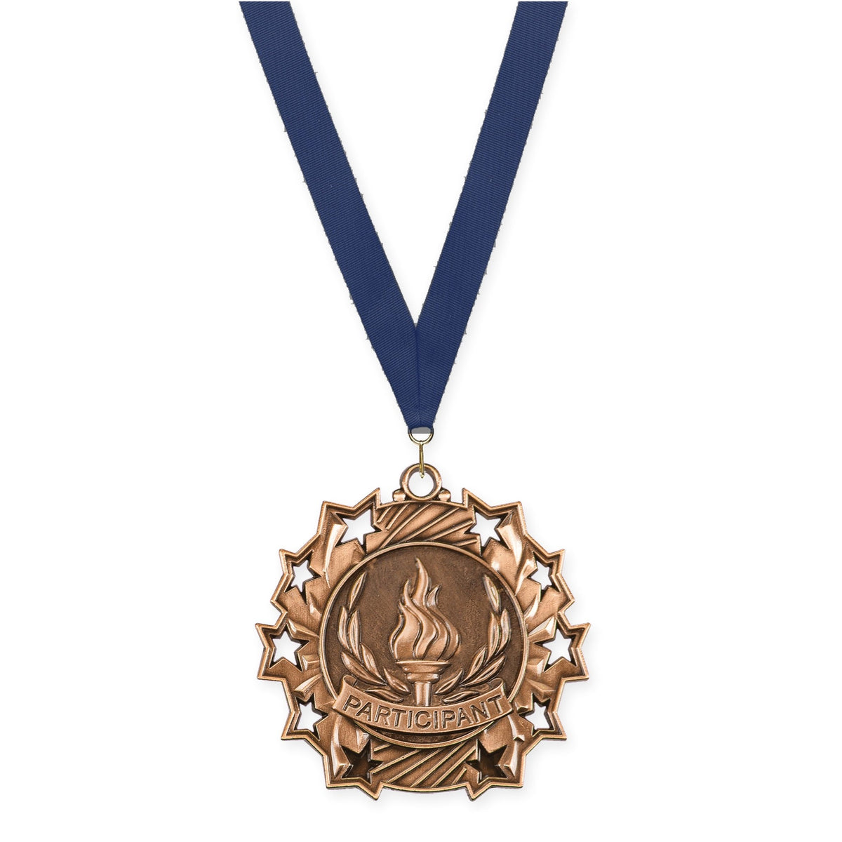 2 1/4 inch Participant Ten Star medal in antique bronze with Navy neck ribbon
