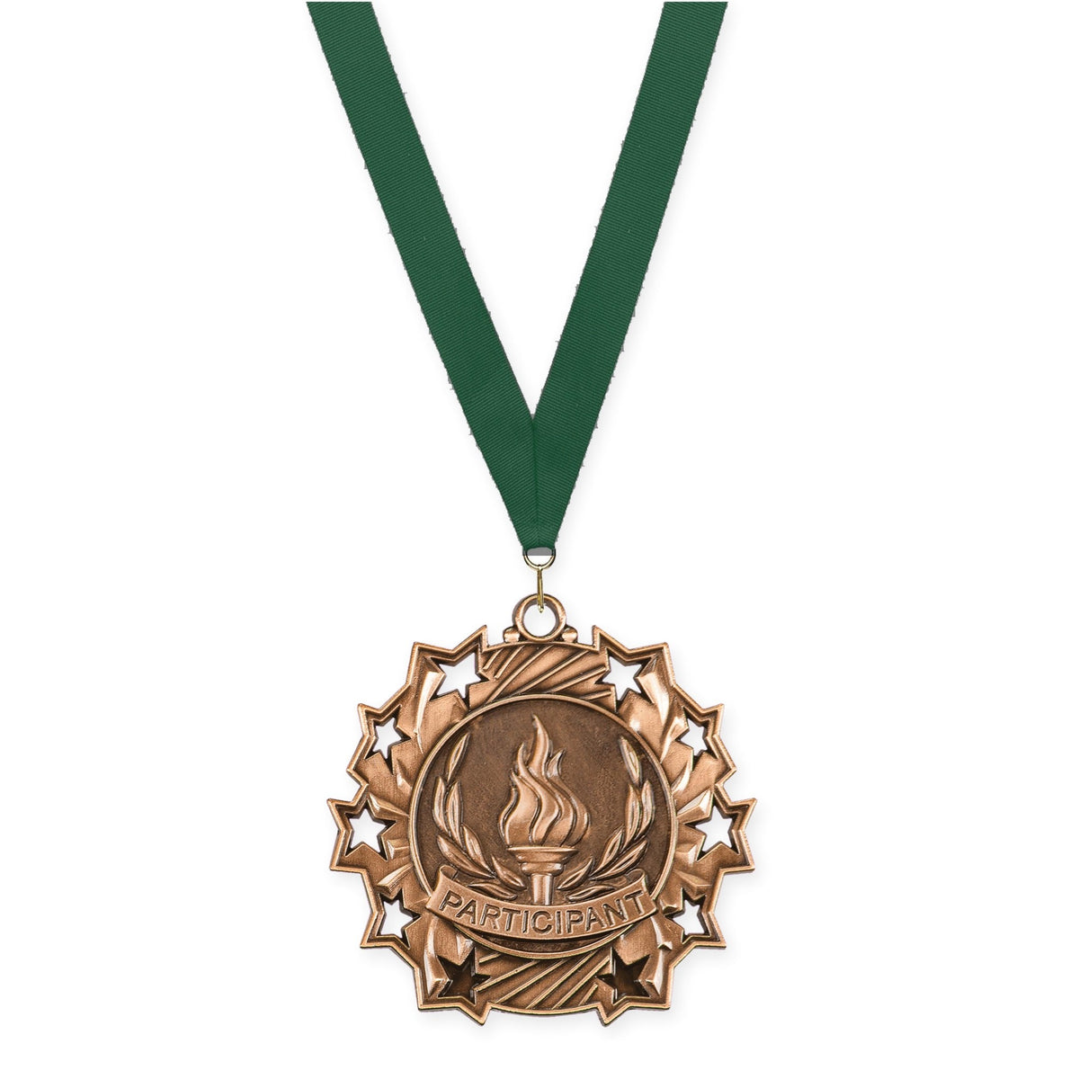 2 1/4 inch Participant Ten Star medal in antique bronze with Hunter Green neck ribbon
