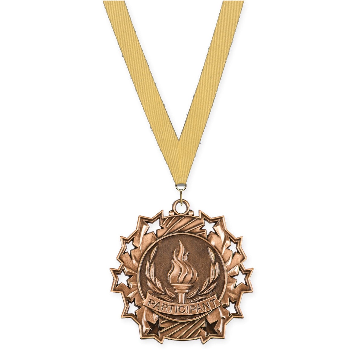 2 1/4 inch Participant Ten Star medal in antique bronze with Gold Metallic neck ribbon