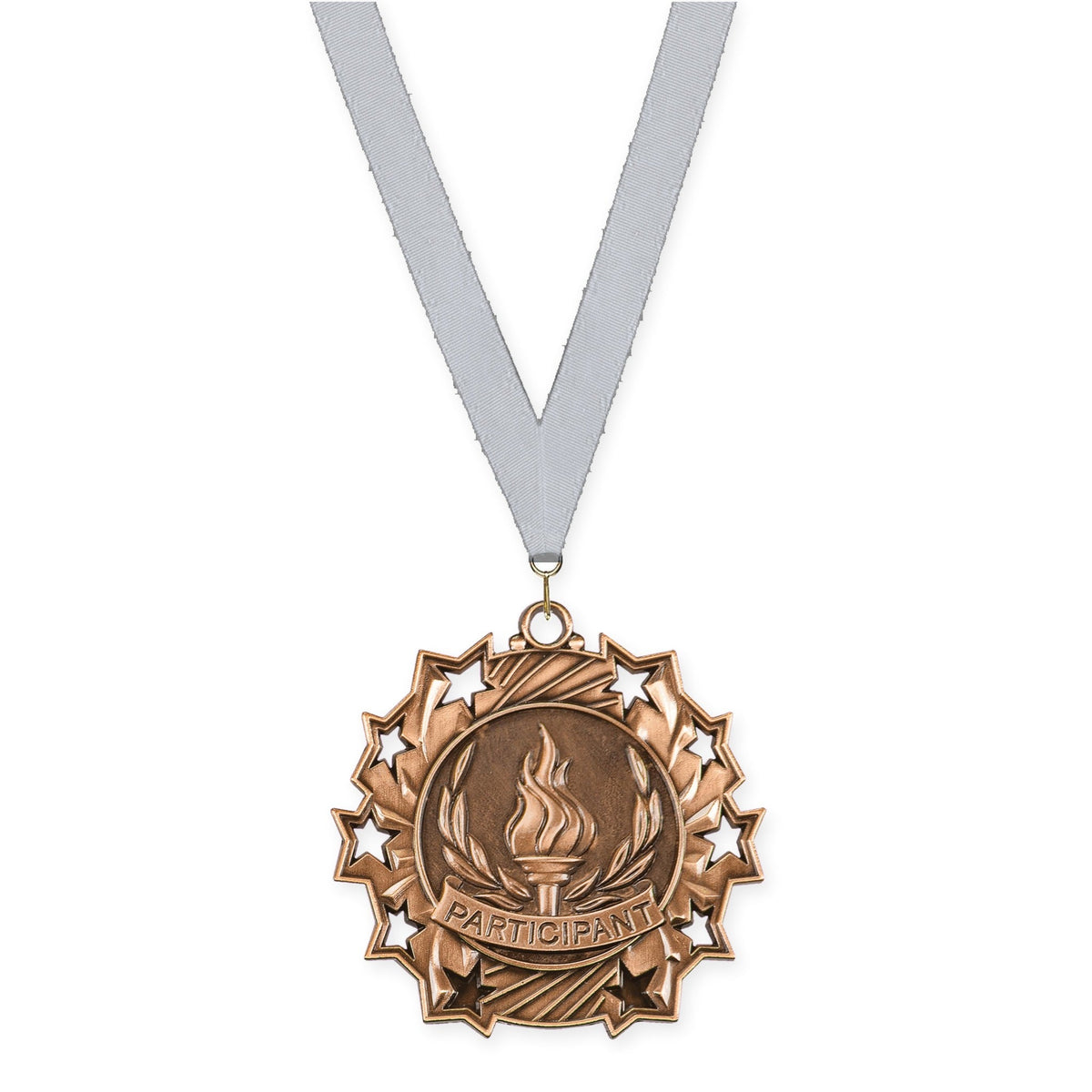 2 1/4 inch Participant Ten Star medal in antique bronze with Silver Metallic neck ribbon
