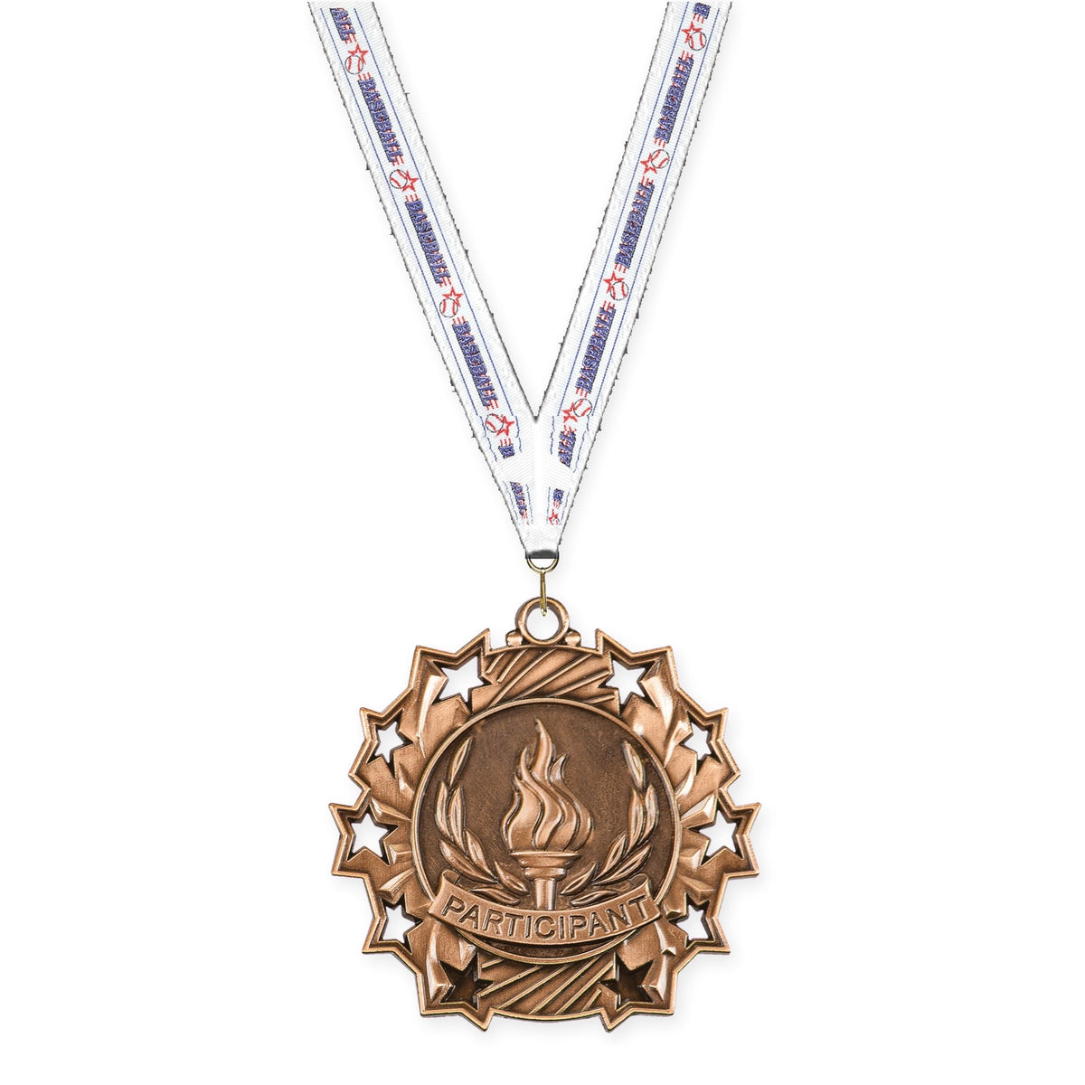 2 1/4 inch Participant Ten Star medal in antique bronze with Baseball neck ribbon