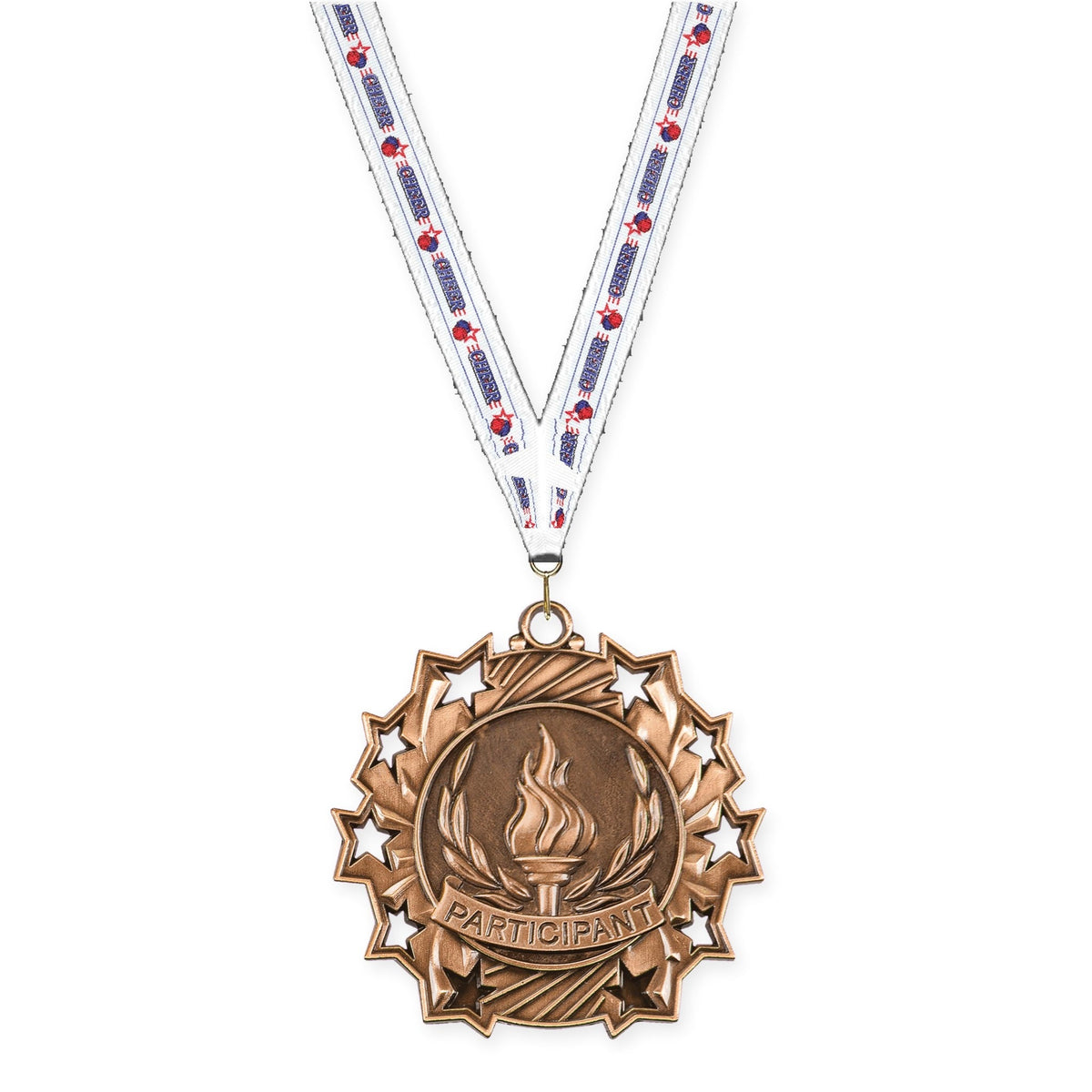 2 1/4 inch Participant Ten Star medal in antique bronze with Cheerleading neck ribbon