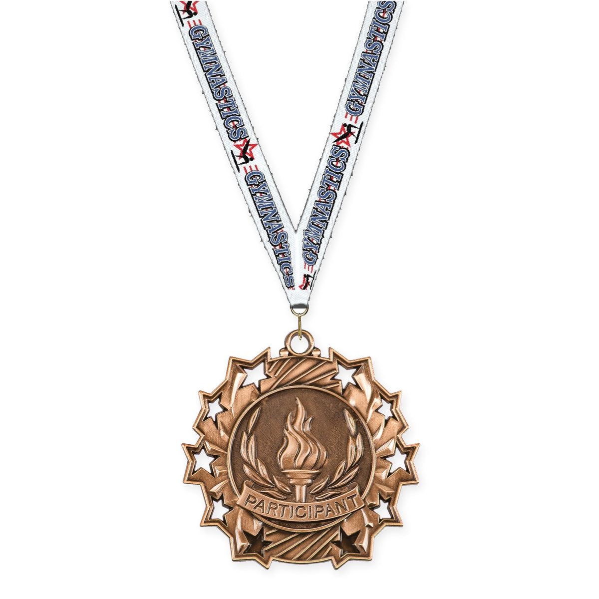 2 1/4 inch Participant Ten Star medal in antique bronze with Gymnastics neck ribbon