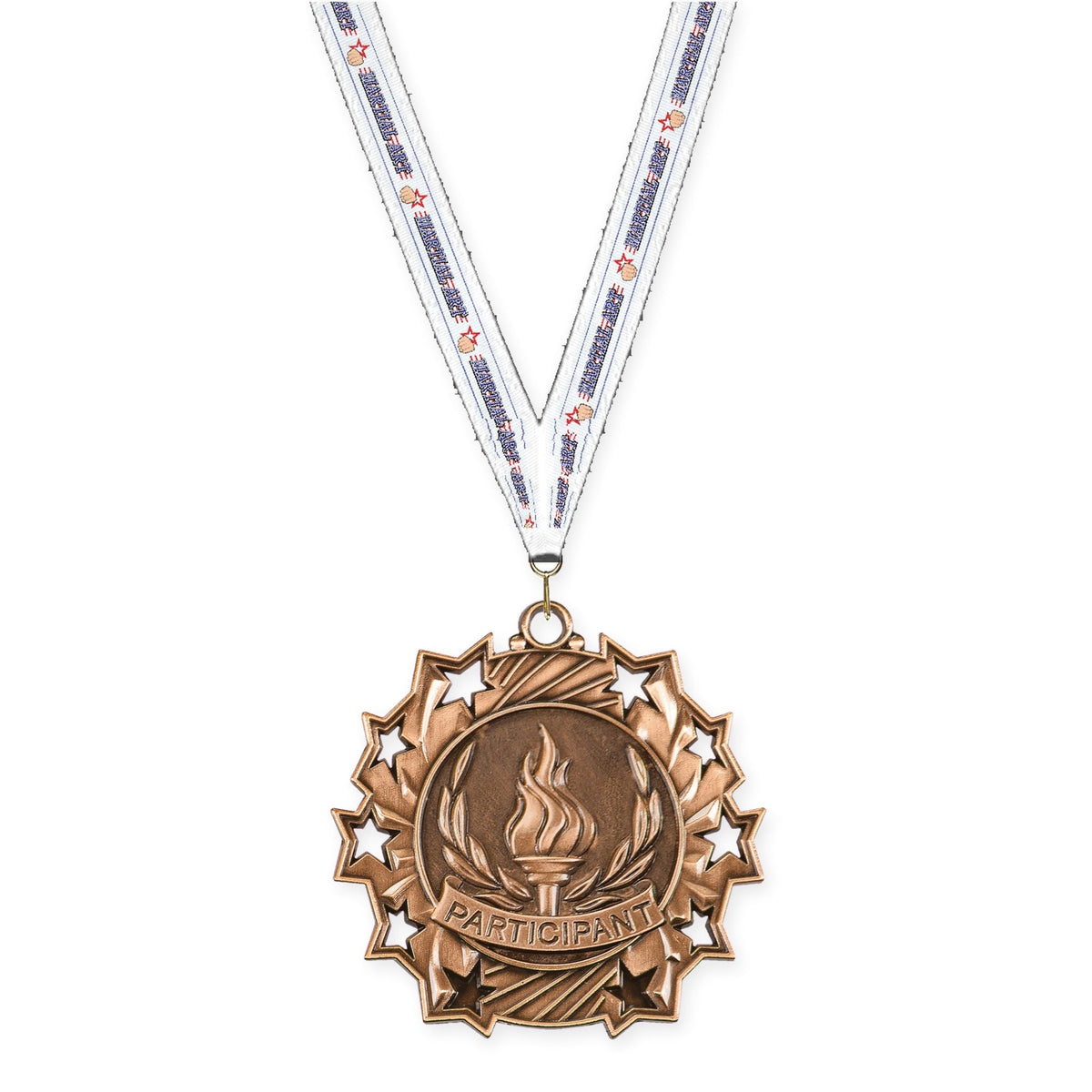 2 1/4 inch Participant Ten Star medal in antique bronze with Martial Arts neck ribbon