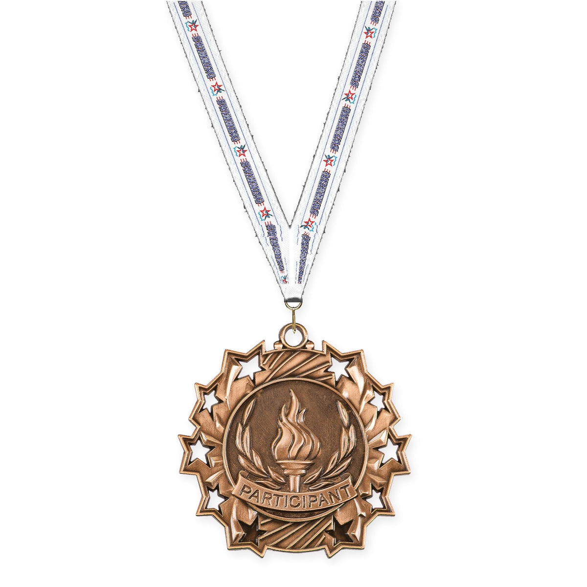 2 1/4 inch Participant Ten Star medal in antique bronze with Swimming neck ribbon
