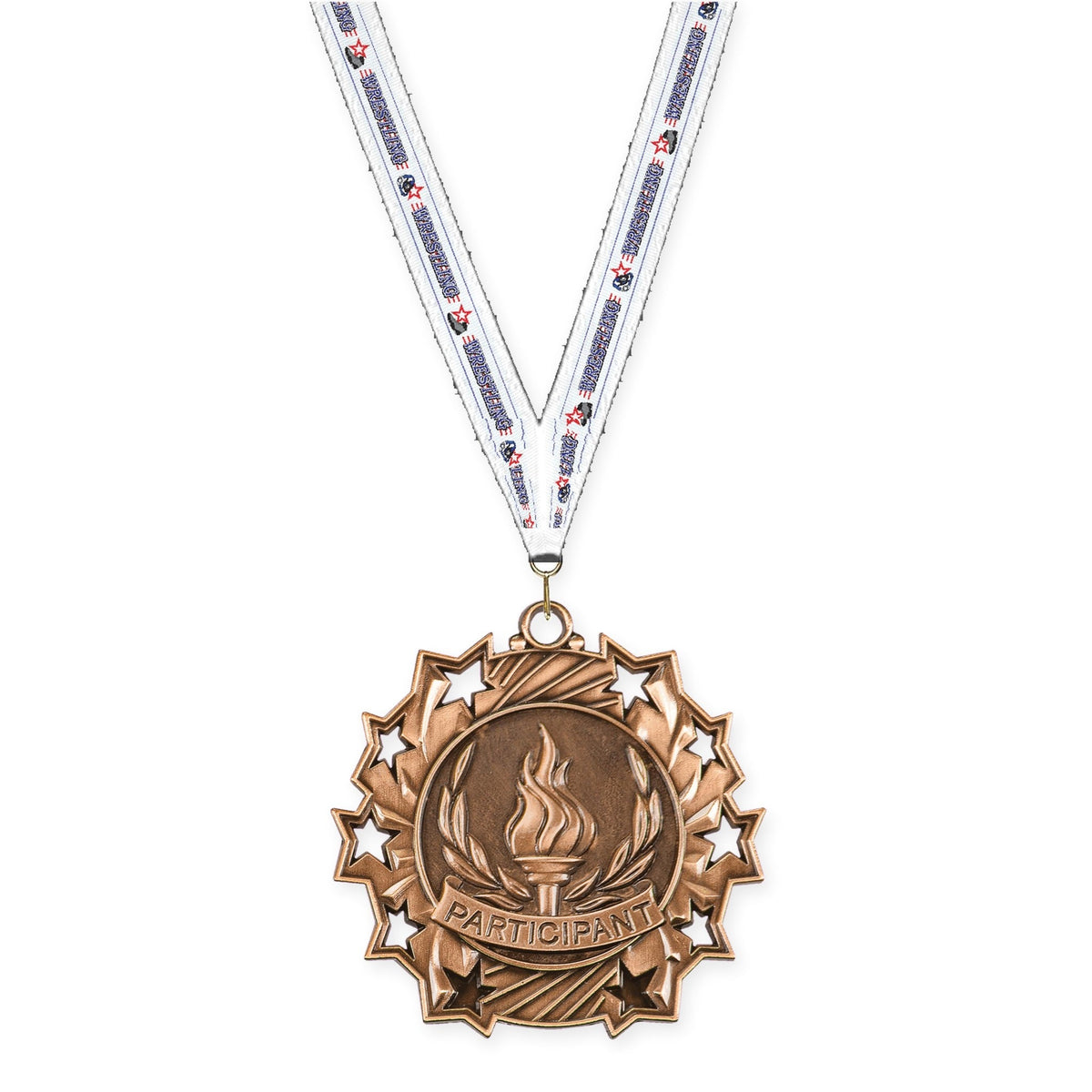 2 1/4 inch Participant Ten Star medal in antique bronze with Wrestling neck ribbon