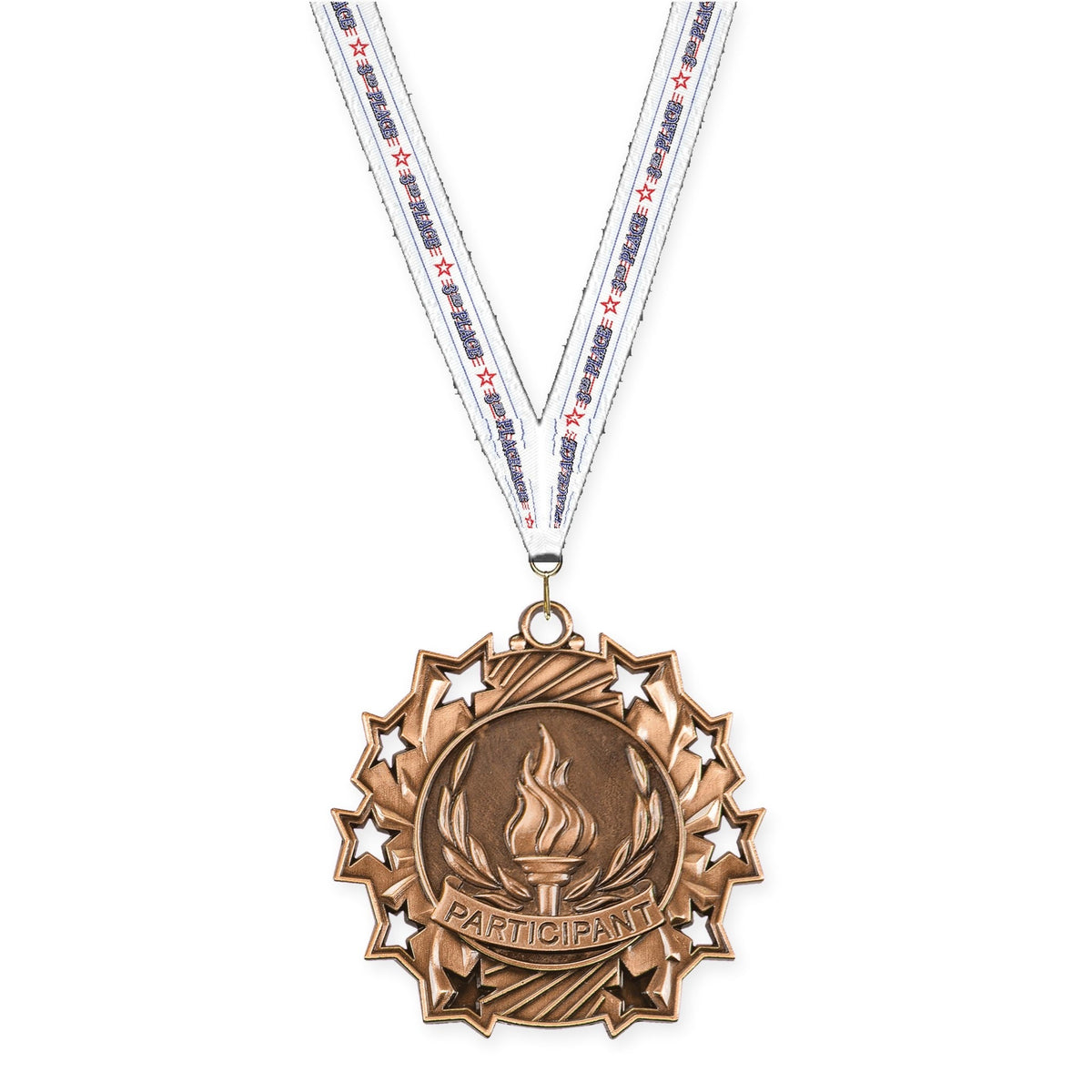 2 1/4 inch Participant Ten Star medal in antique bronze with 3rd Place neck ribbon