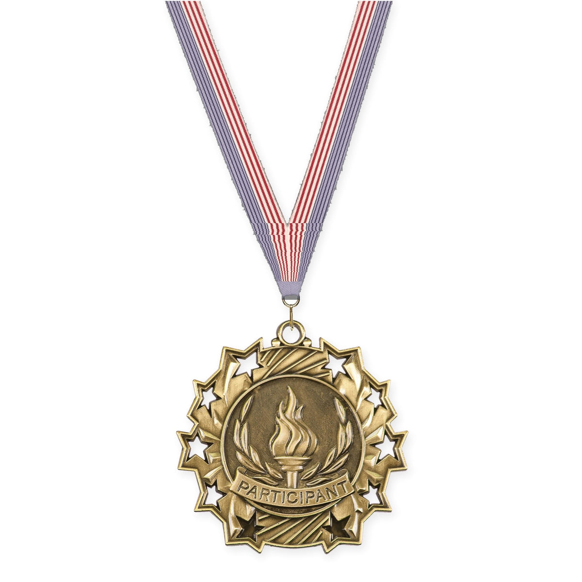 2 1/4 inch Participant Ten Star medal in antique gold with USA Flag neck ribbon