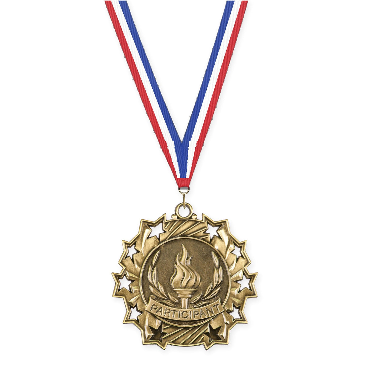 2 1/4 inch Participant Ten Star medal in antique gold with Red White Blue neck ribbon