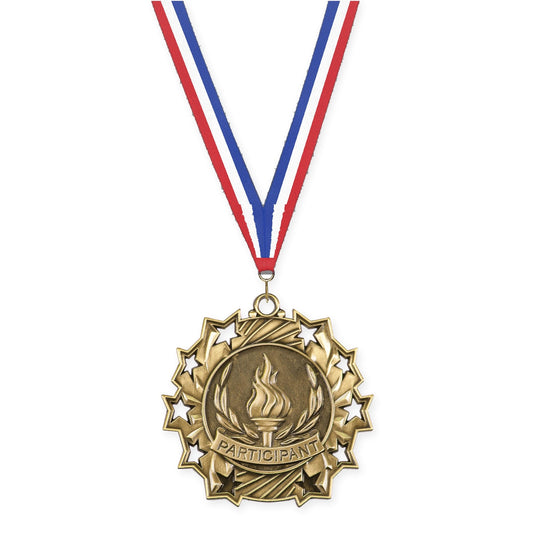 2 1/4 inch Participant Ten Star medal in antique gold with Red White Blue neck ribbon