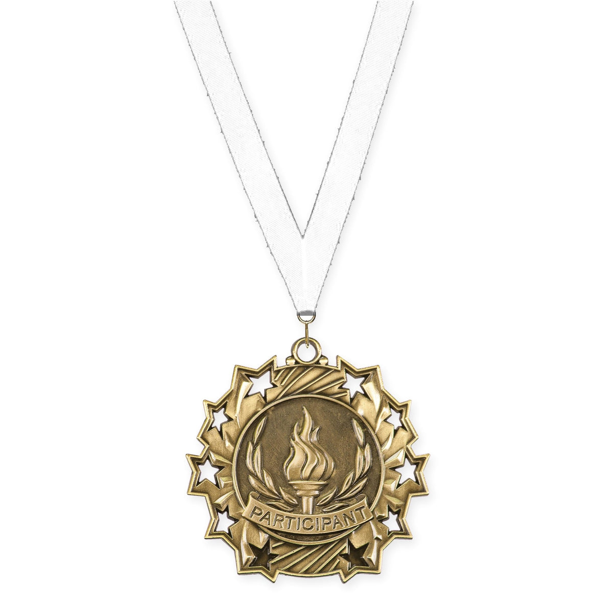 2 1/4 inch Participant Ten Star medal in antique gold with White neck ribbon