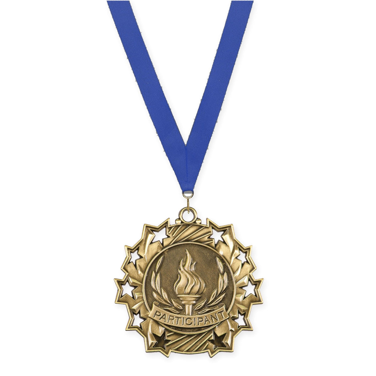 2 1/4 inch Participant Ten Star medal in antique gold with Blue neck ribbon