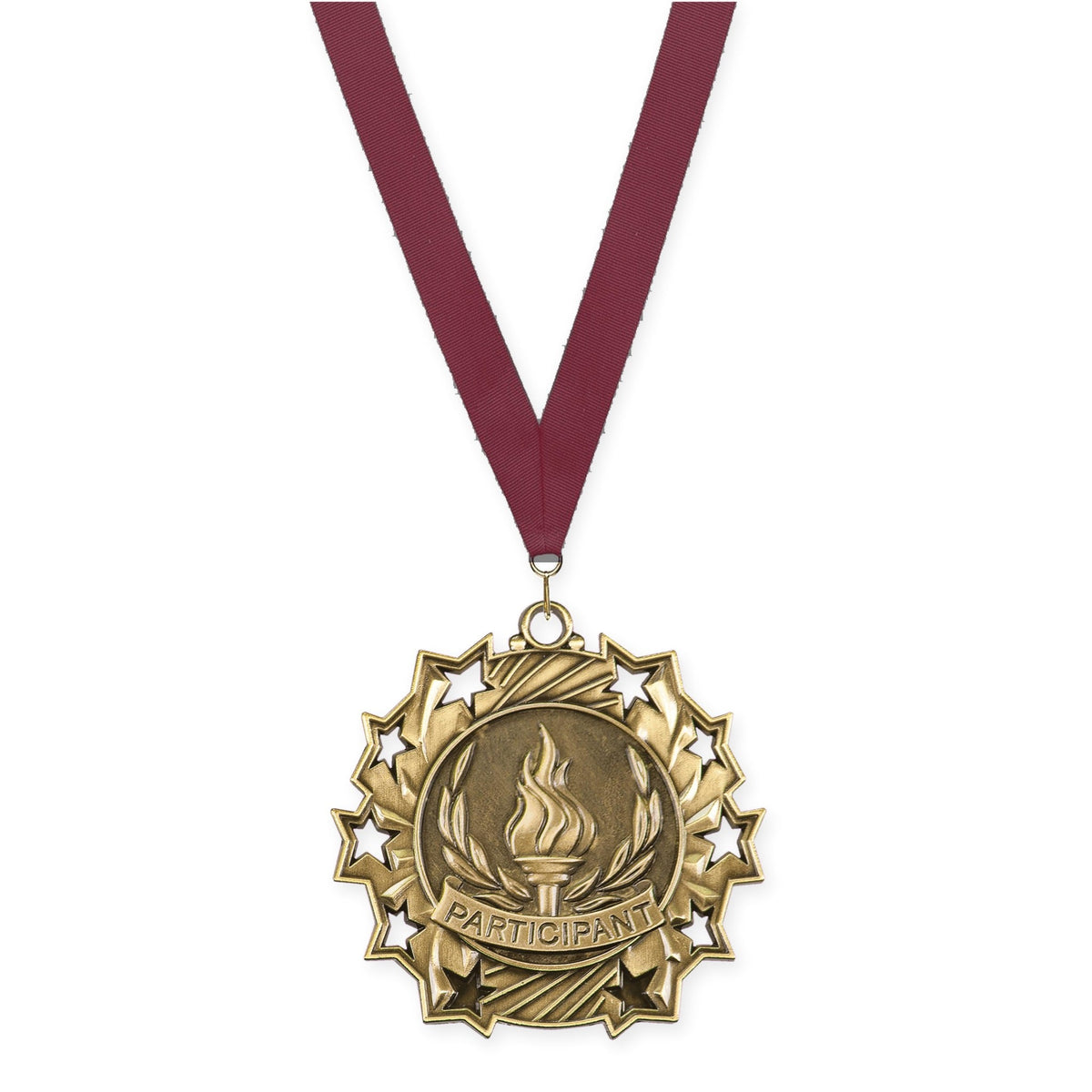 2 1/4 inch Participant Ten Star medal in antique gold with Maroon neck ribbon