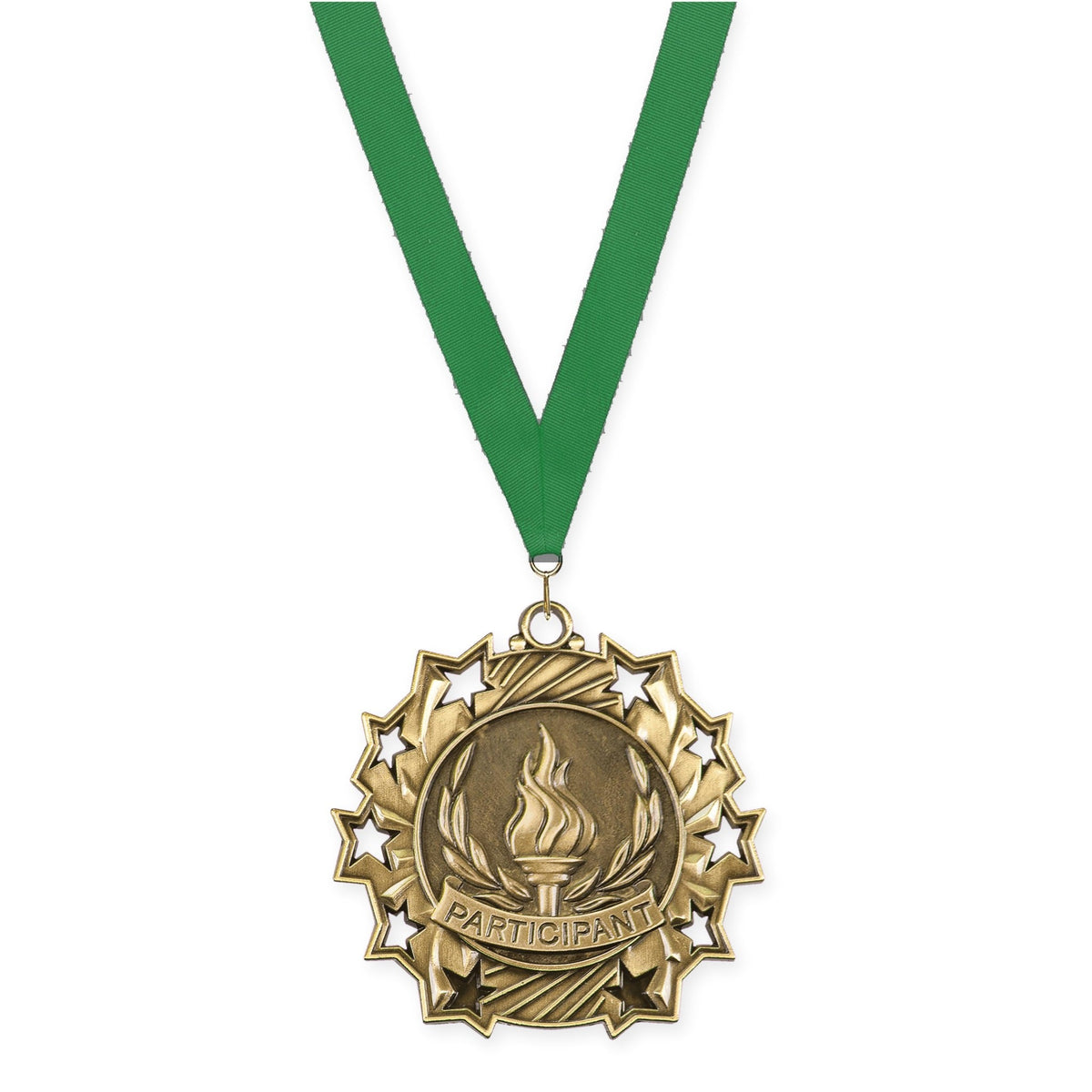 2 1/4 inch Participant Ten Star medal in antique gold with Green neck ribbon