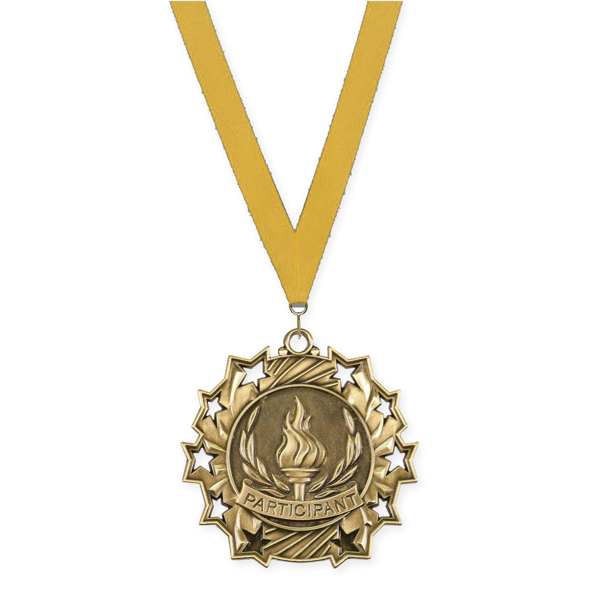 2 1/4 inch Participant Ten Star medal in antique gold with Gold neck ribbon