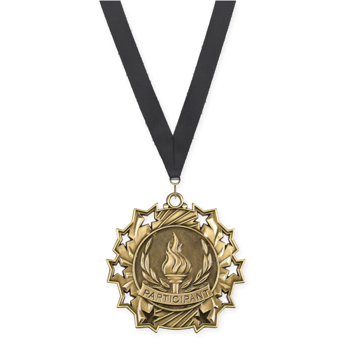 2 1/4 inch Participant Ten Star medal in antique gold with Black neck ribbon