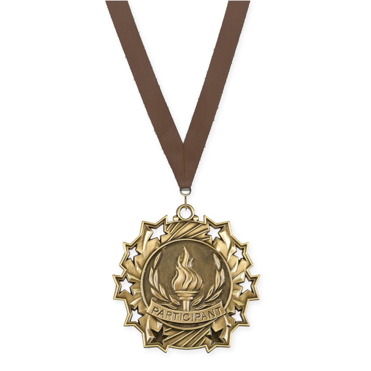 2 1/4 inch Participant Ten Star medal in antique gold with Brown neck ribbon