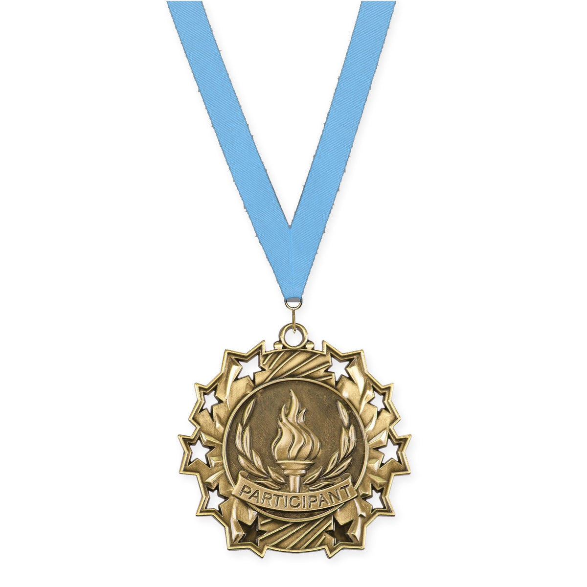 2 1/4 inch Participant Ten Star medal in antique gold with Light Blue neck ribbon