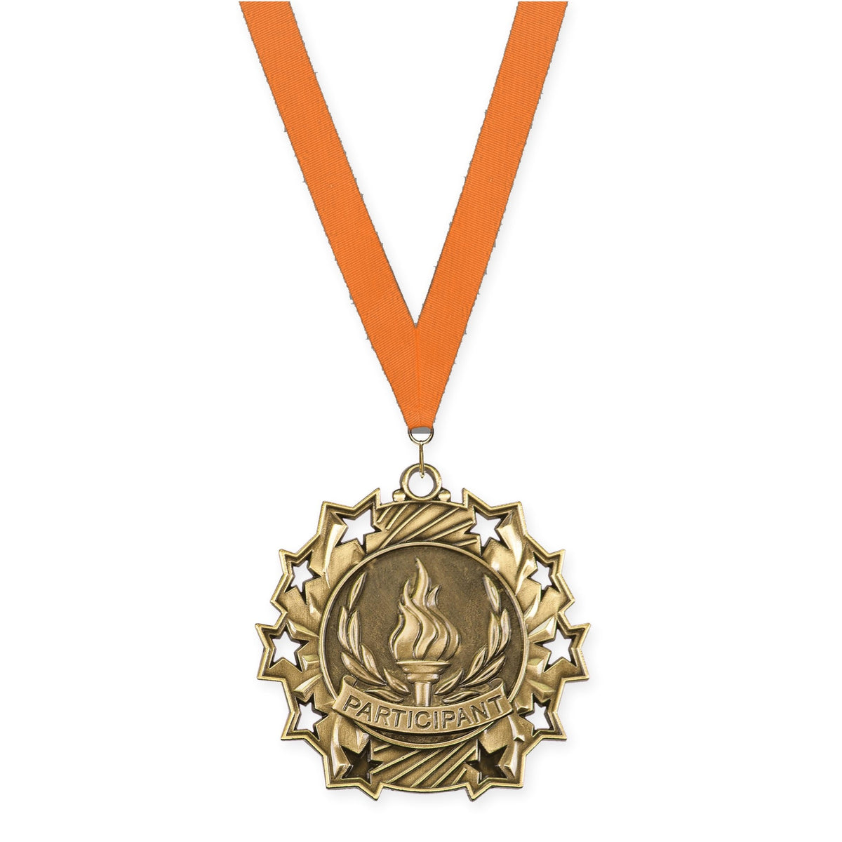 2 1/4 inch Participant Ten Star medal in antique gold with Orange neck ribbon