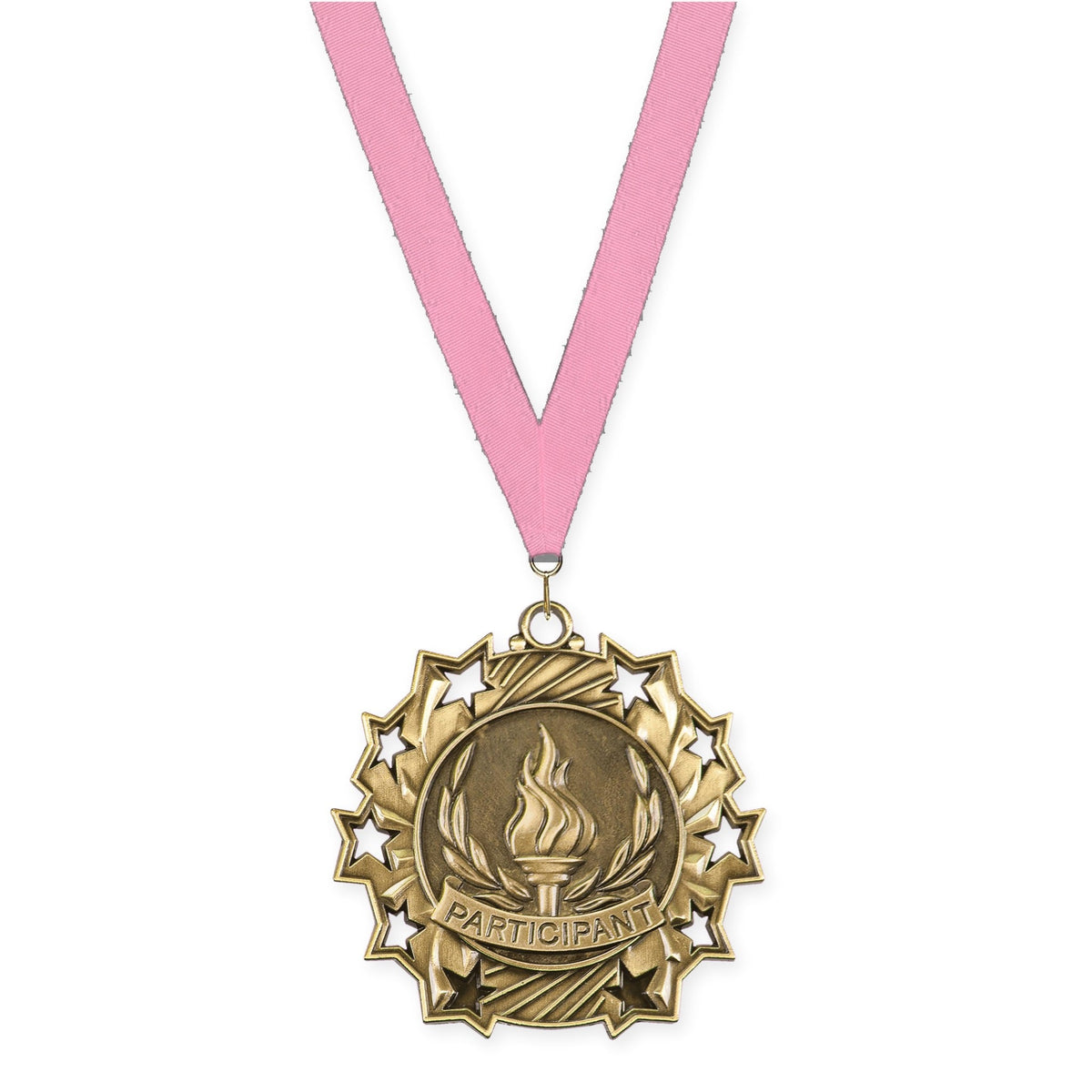 2 1/4 inch Participant Ten Star medal in antique gold with Pink neck ribbon