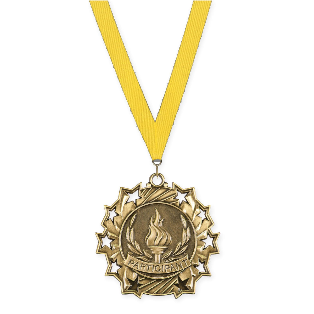 2 1/4 inch Participant Ten Star medal in antique gold with Yellow neck ribbon