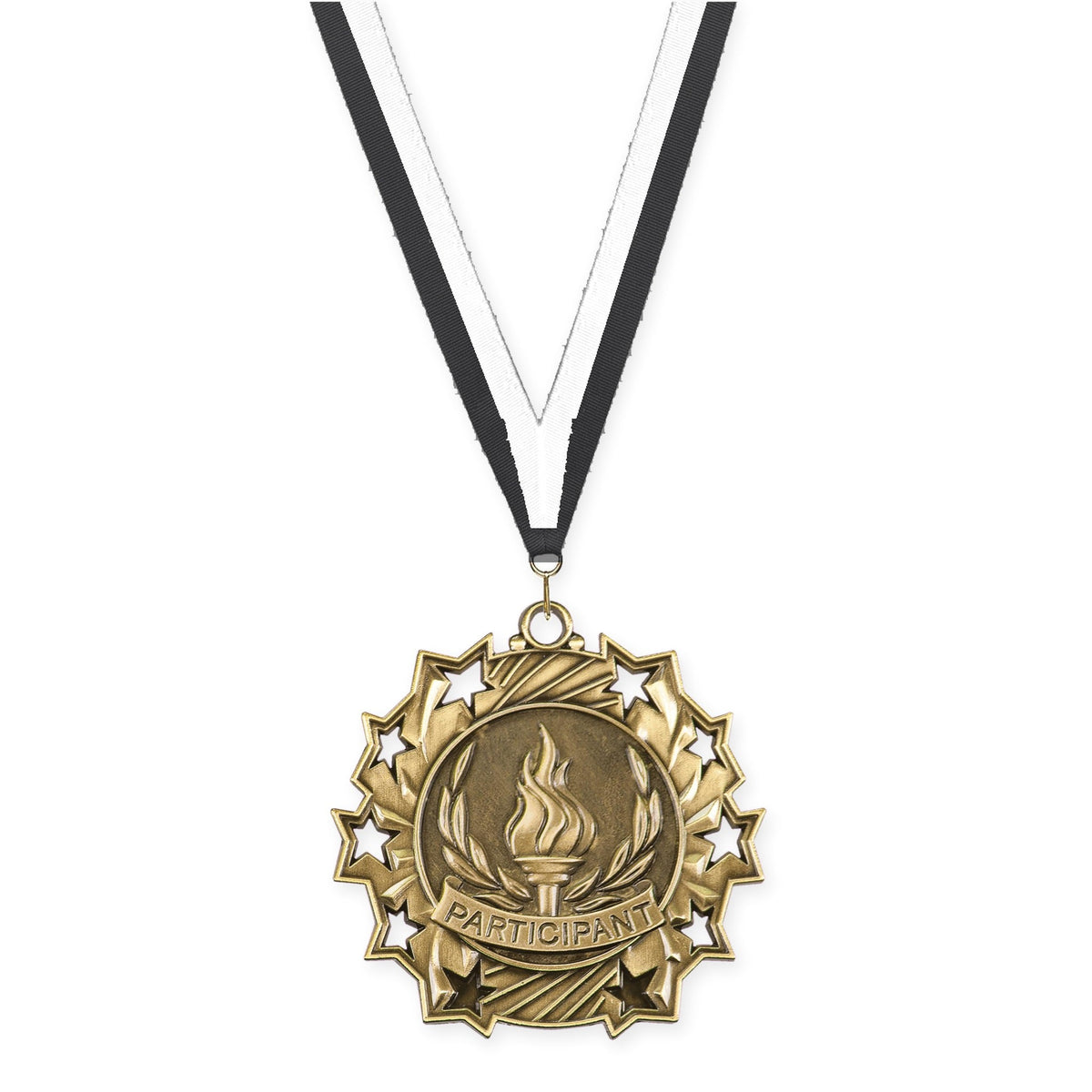 2 1/4 inch Participant Ten Star medal in antique gold with Black White neck ribbon