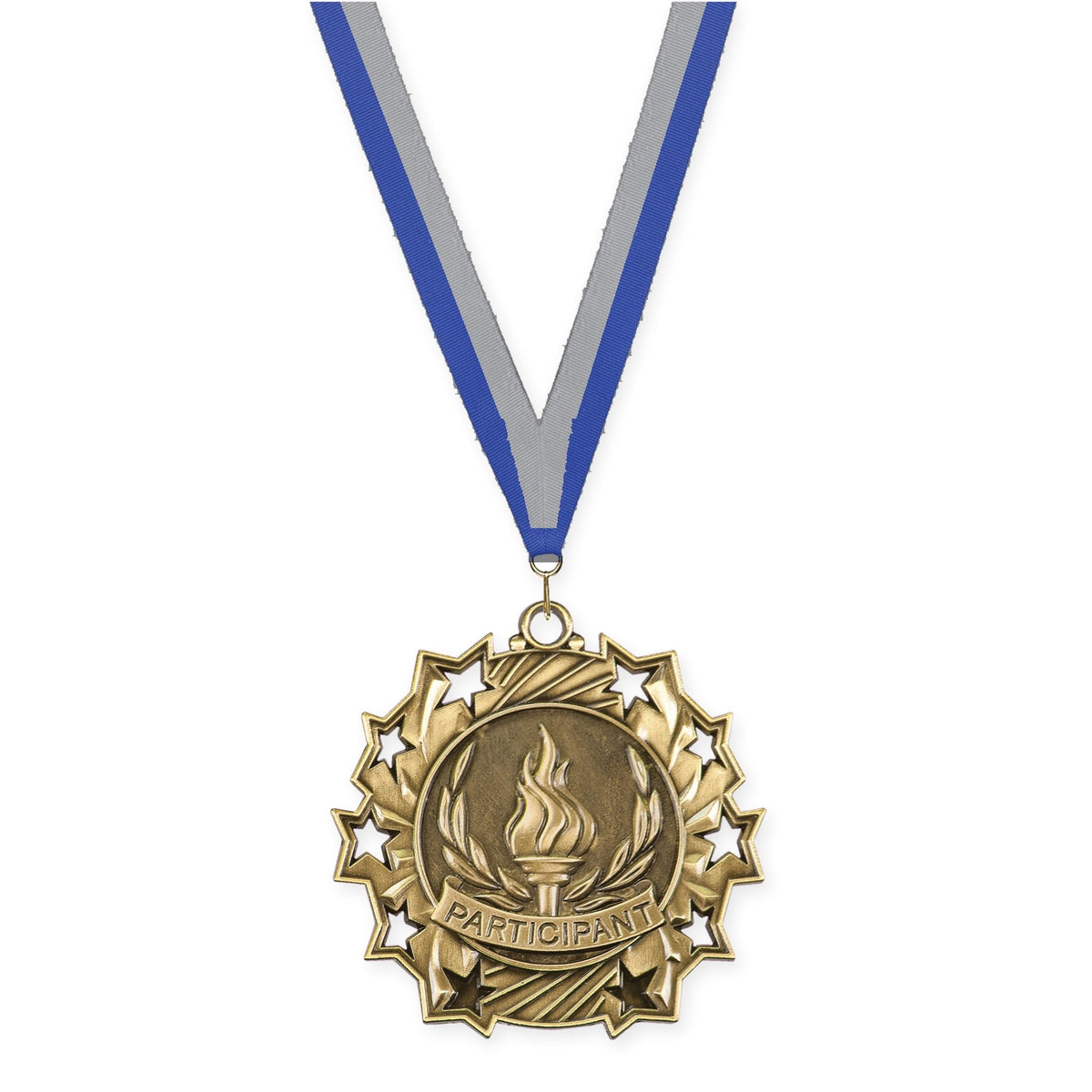 2 1/4 inch Participant Ten Star medal in antique gold with Blue Gray neck ribbon