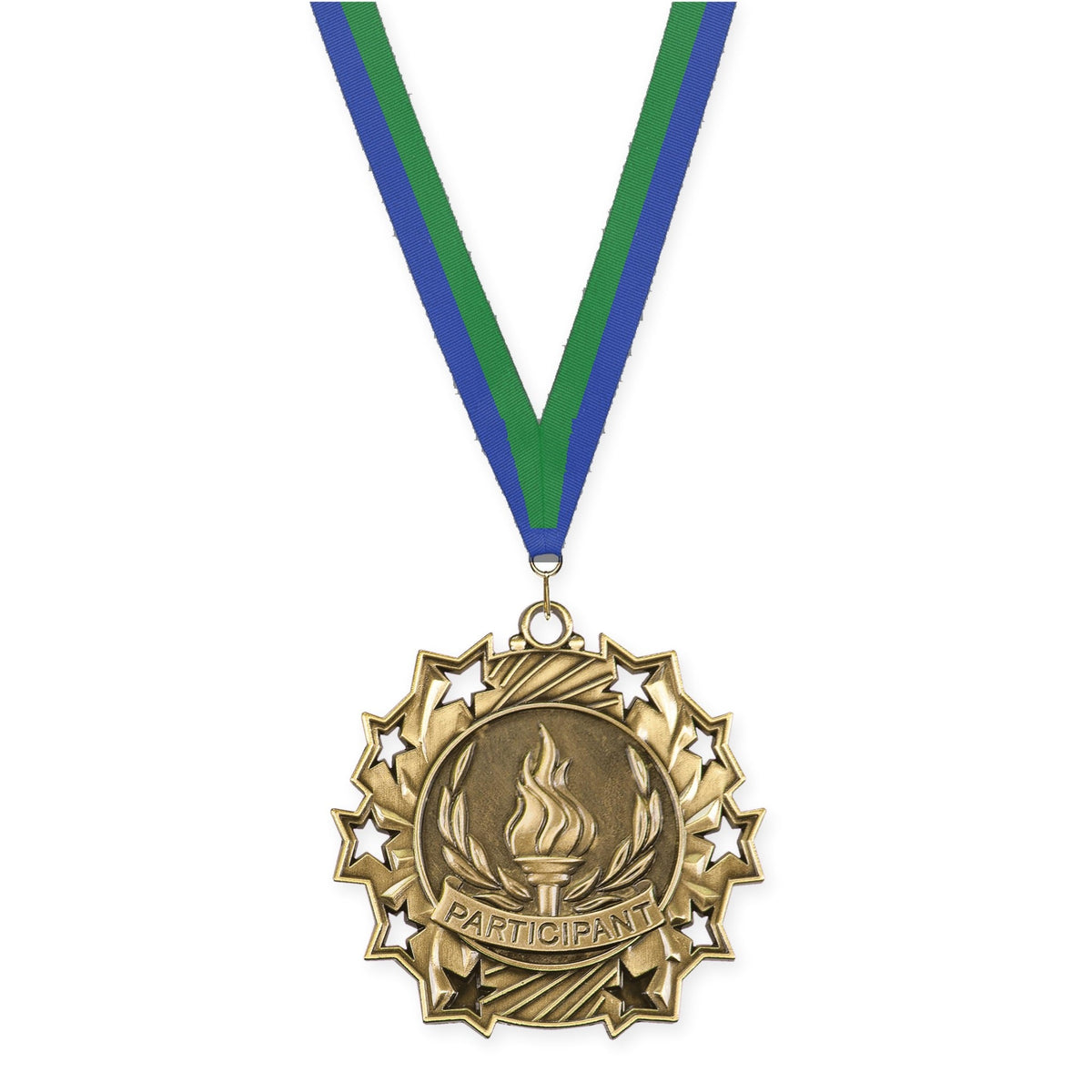 2 1/4 inch Participant Ten Star medal in antique gold with Blue Green neck ribbon