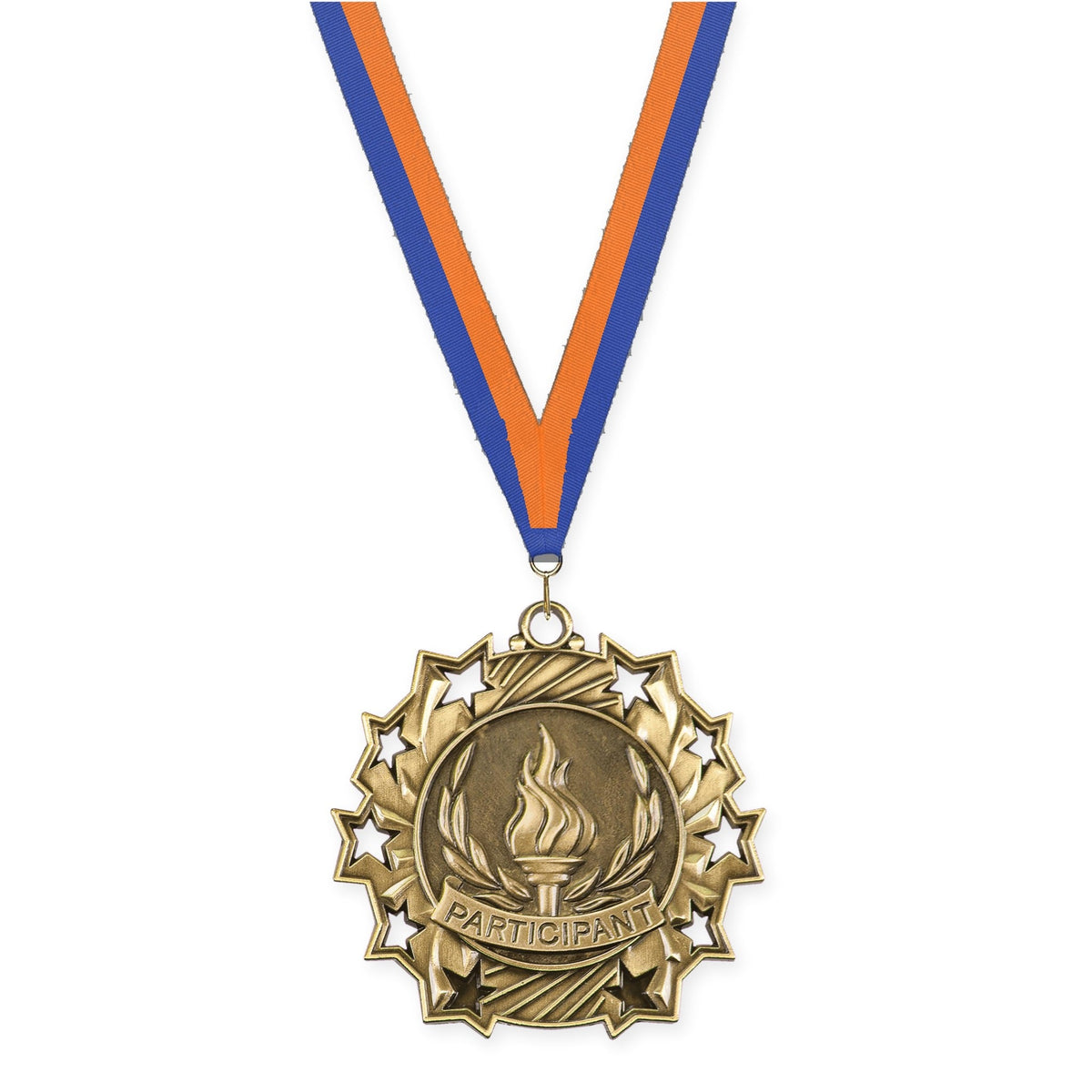 2 1/4 inch Participant Ten Star medal in antique gold with Blue Orange neck ribbon