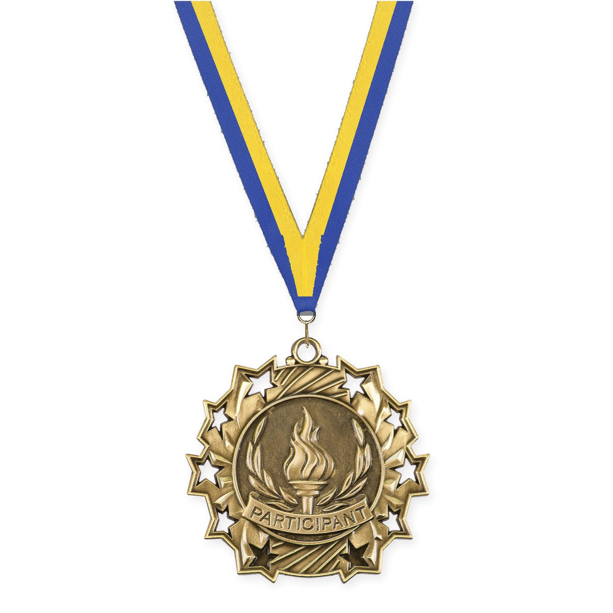2 1/4 inch Participant Ten Star medal in antique gold with Blue Yellow neck ribbon