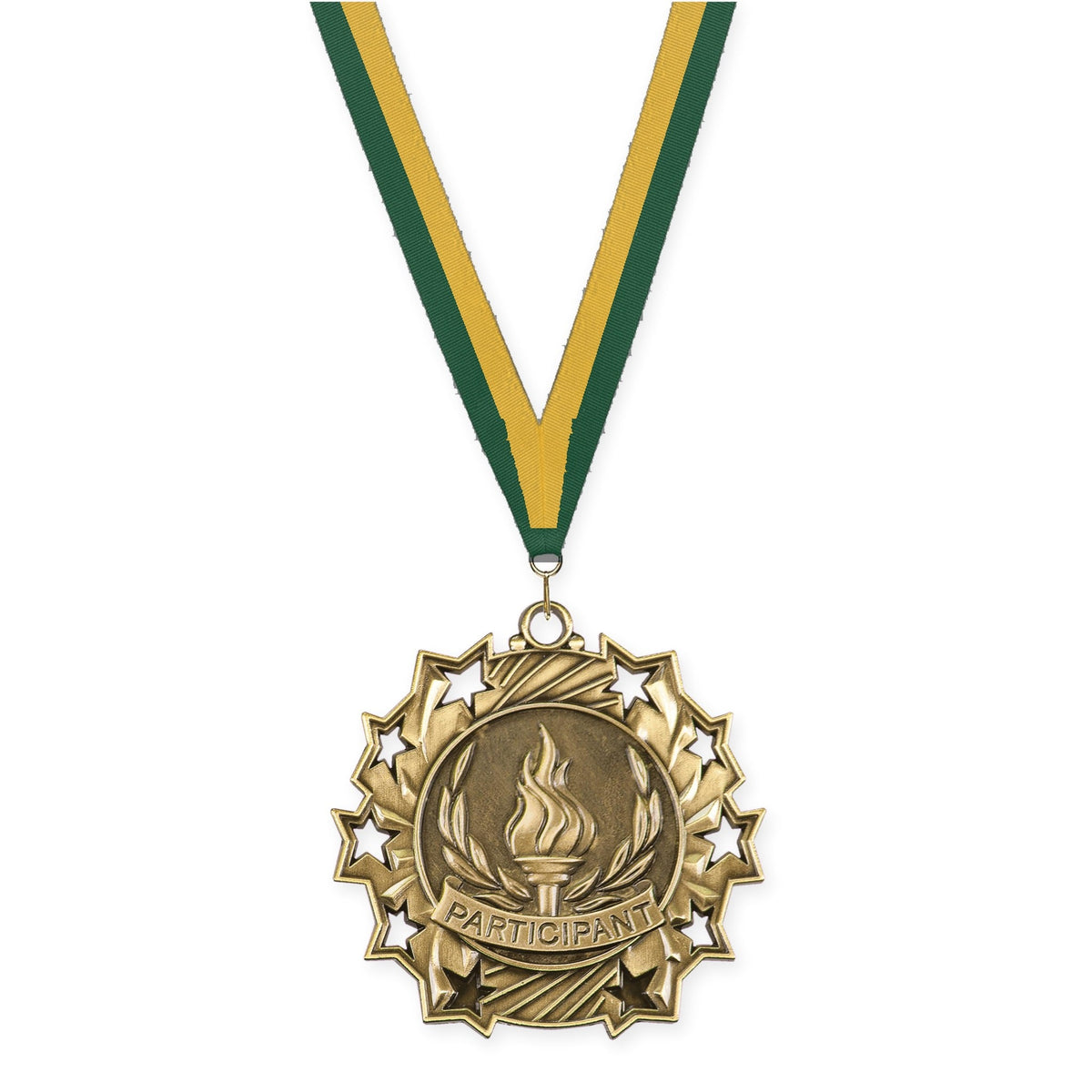 2 1/4 inch Participant Ten Star medal in antique gold with Hunter Green Gold neck ribbon
