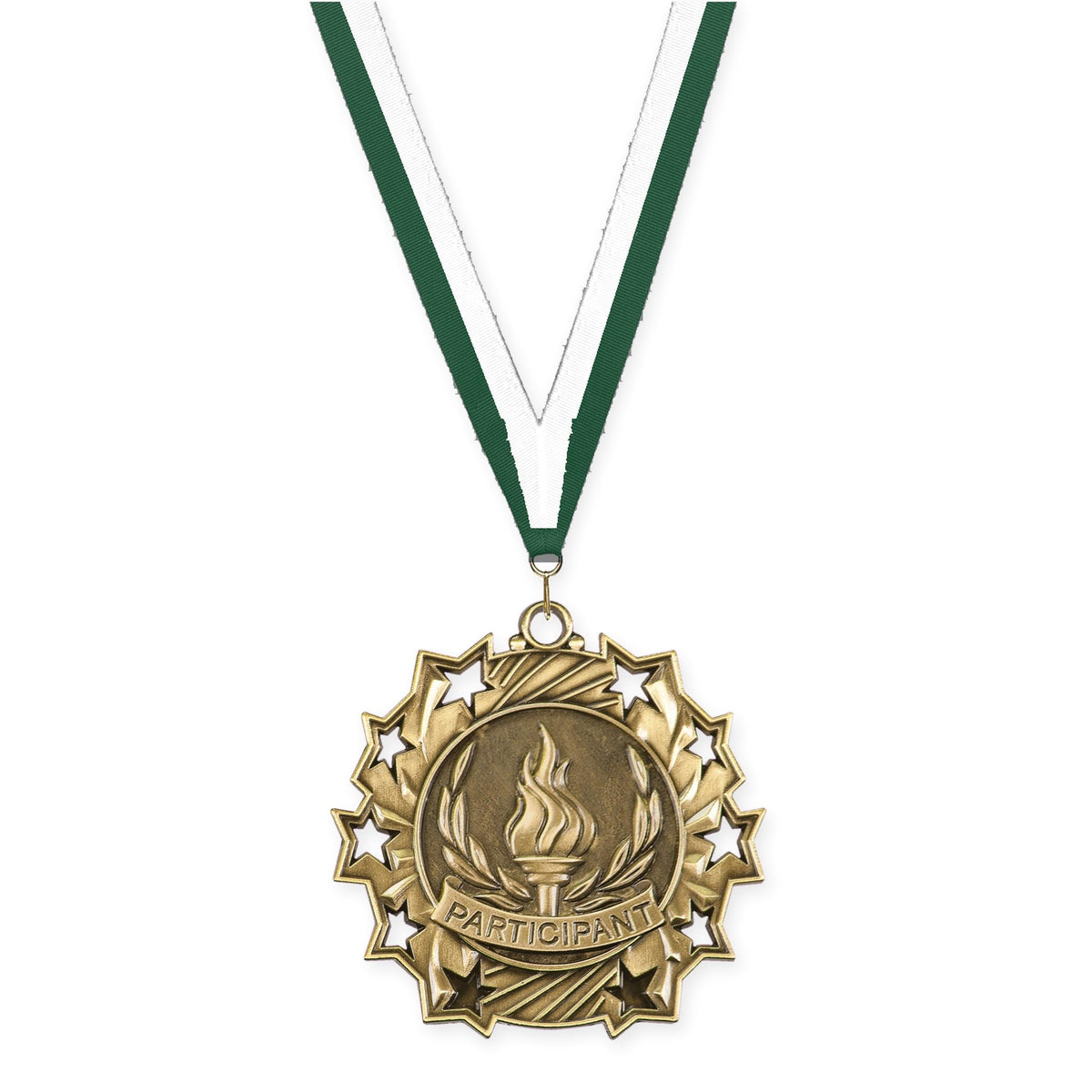 2 1/4 inch Participant Ten Star medal in antique gold with Hunter Green White neck ribbon