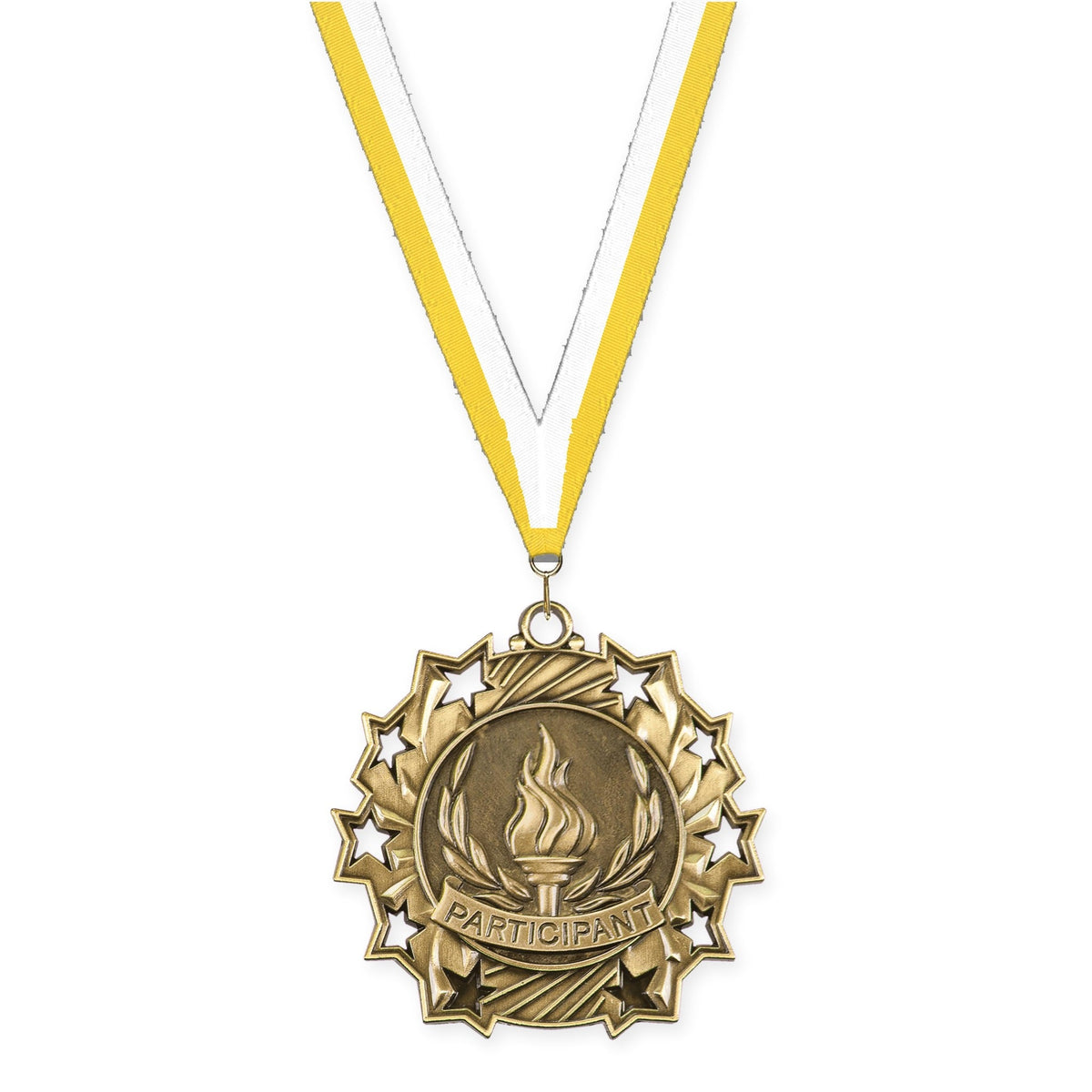 2 1/4 inch Participant Ten Star medal in antique gold with Yellow White neck ribbon