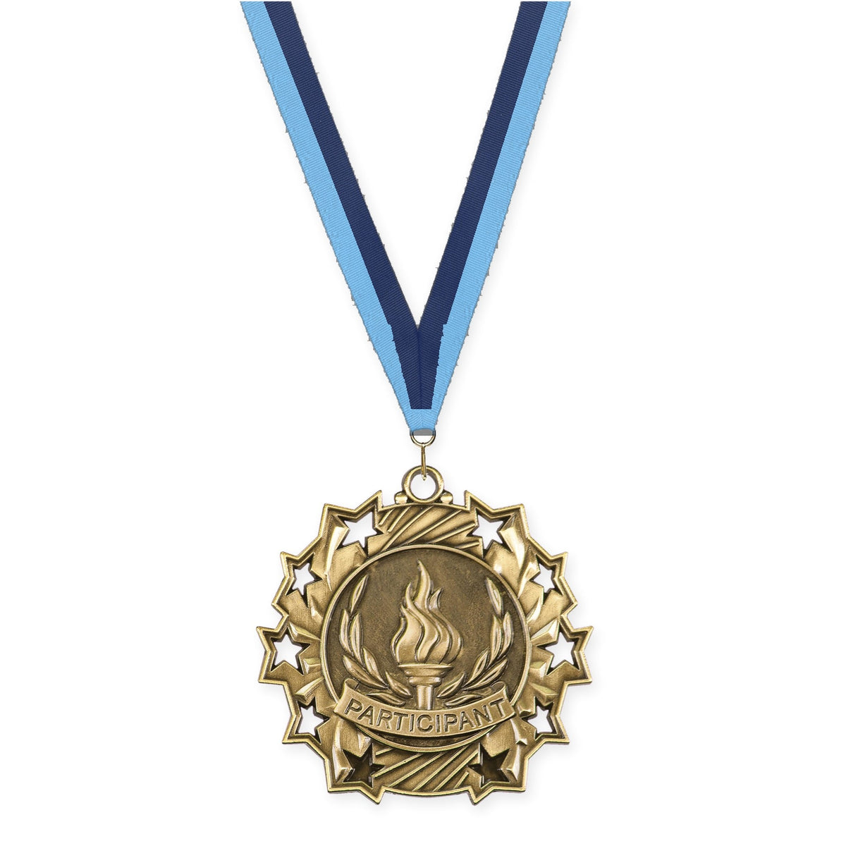 2 1/4 inch Participant Ten Star medal in antique gold with Light Blue Navy neck ribbon