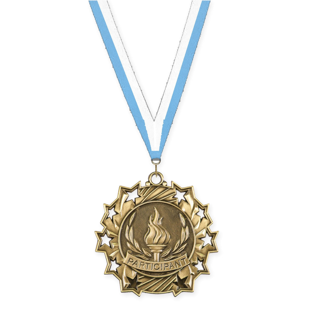 2 1/4 inch Participant Ten Star medal in antique gold with Light Blue White neck ribbon
