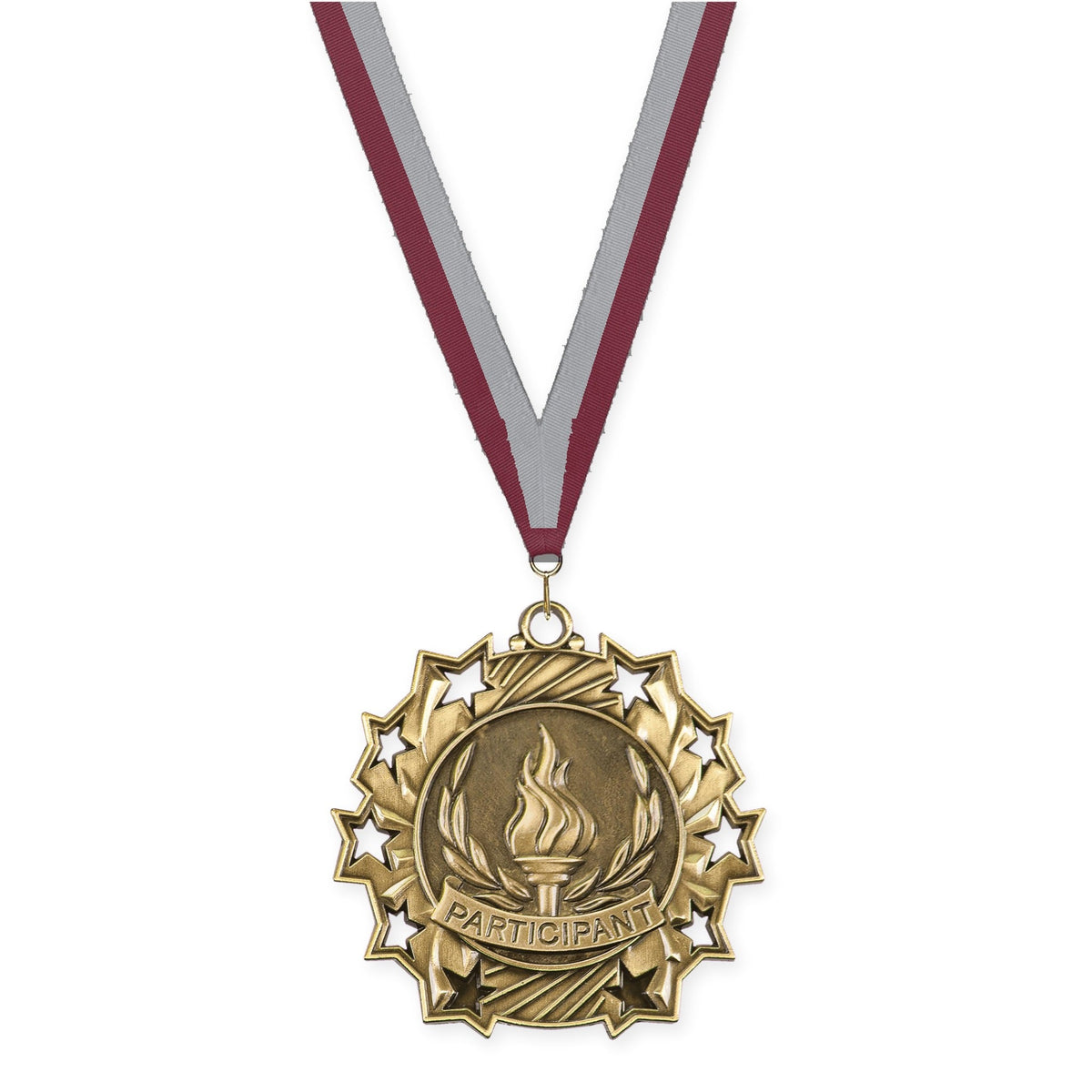 2 1/4 inch Participant Ten Star medal in antique gold with Maroon Gray neck ribbon