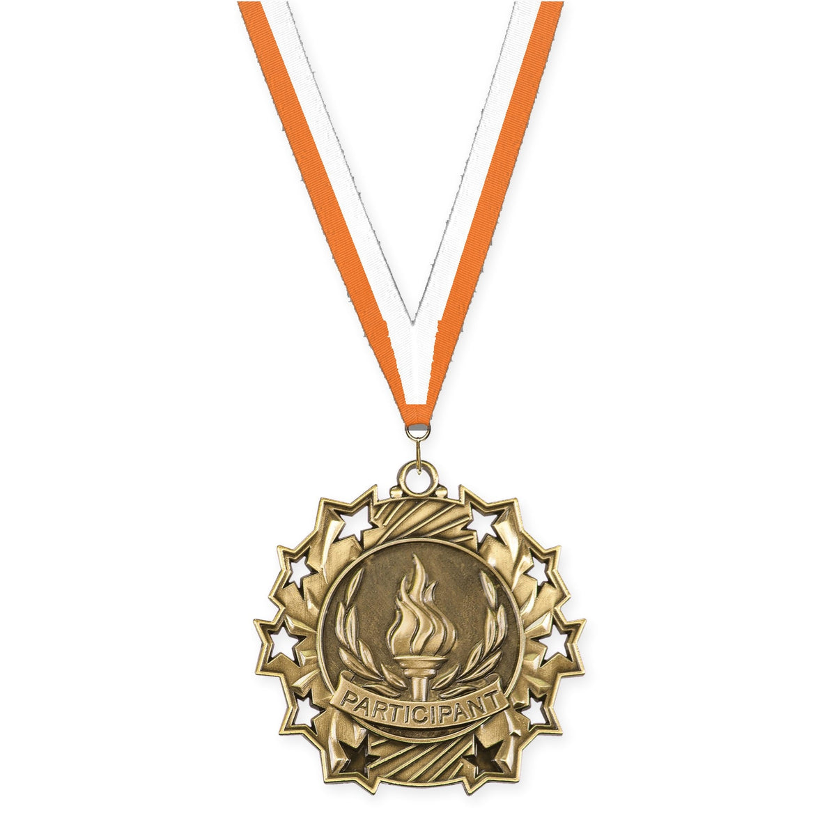 2 1/4 inch Participant Ten Star medal in antique gold with Orange White neck ribbon