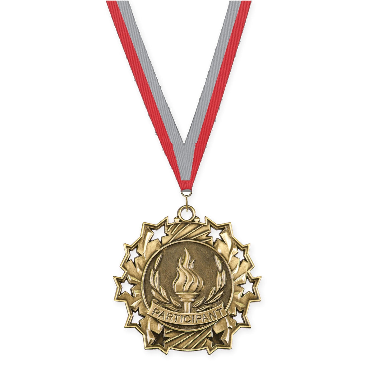 2 1/4 inch Participant Ten Star medal in antique gold with Red Gray neck ribbon