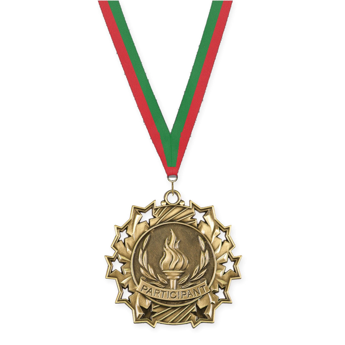 2 1/4 inch Participant Ten Star medal in antique gold with Red Green neck ribbon