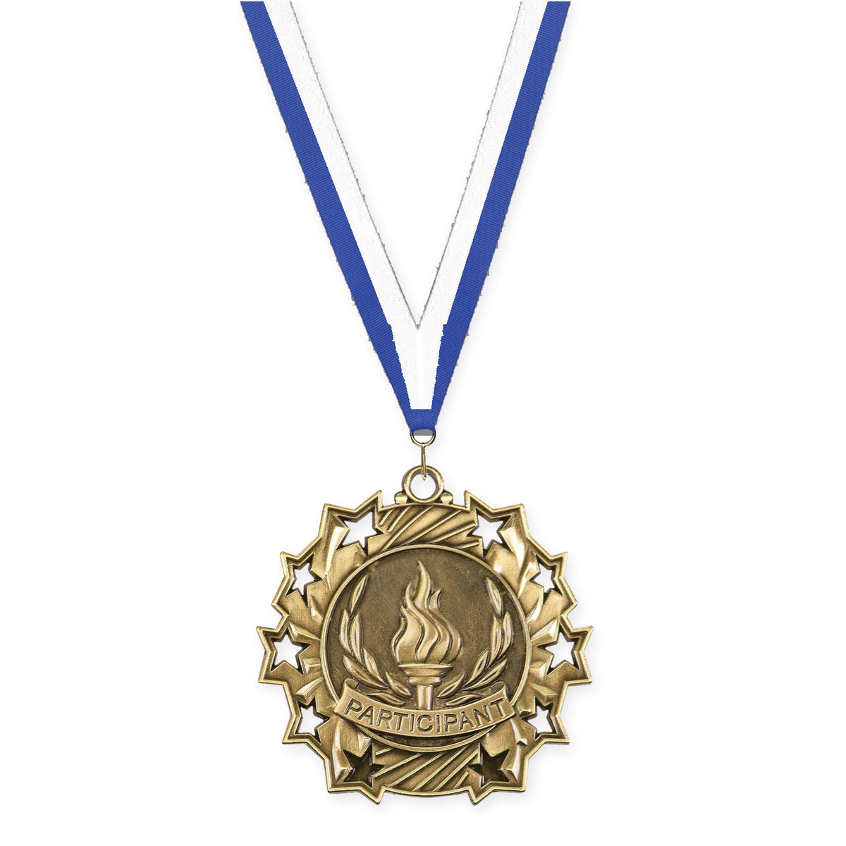2 1/4 inch Participant Ten Star medal in antique gold with Blue White neck ribbon