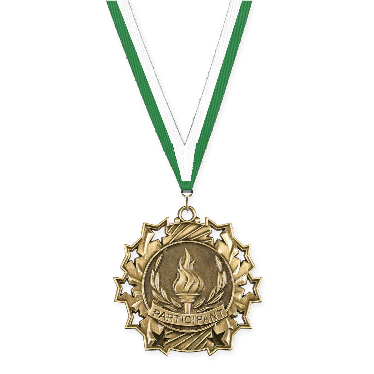2 1/4 inch Participant Ten Star medal in antique gold with Green White neck ribbon