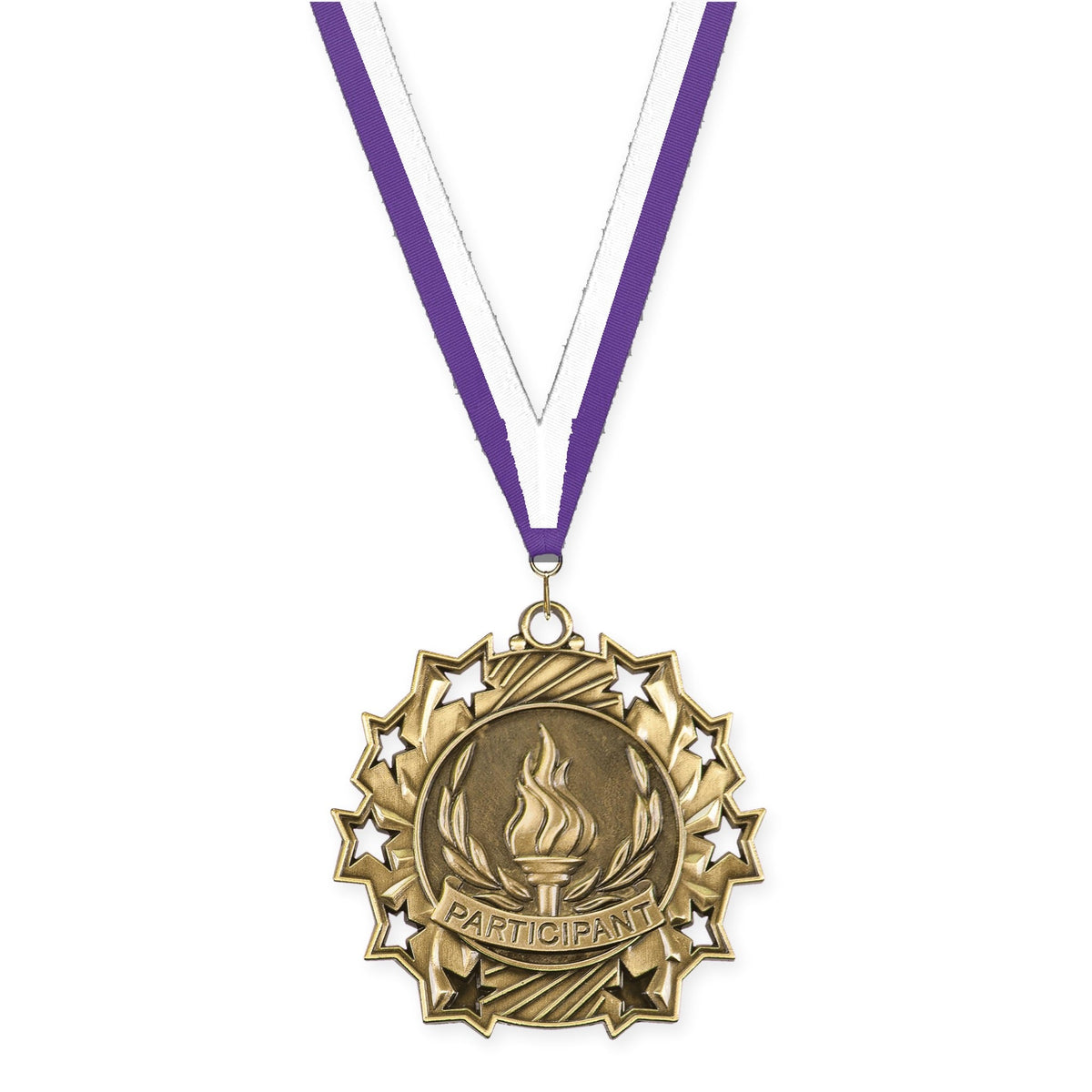 2 1/4 inch Participant Ten Star medal in antique gold with Purple White neck ribbon