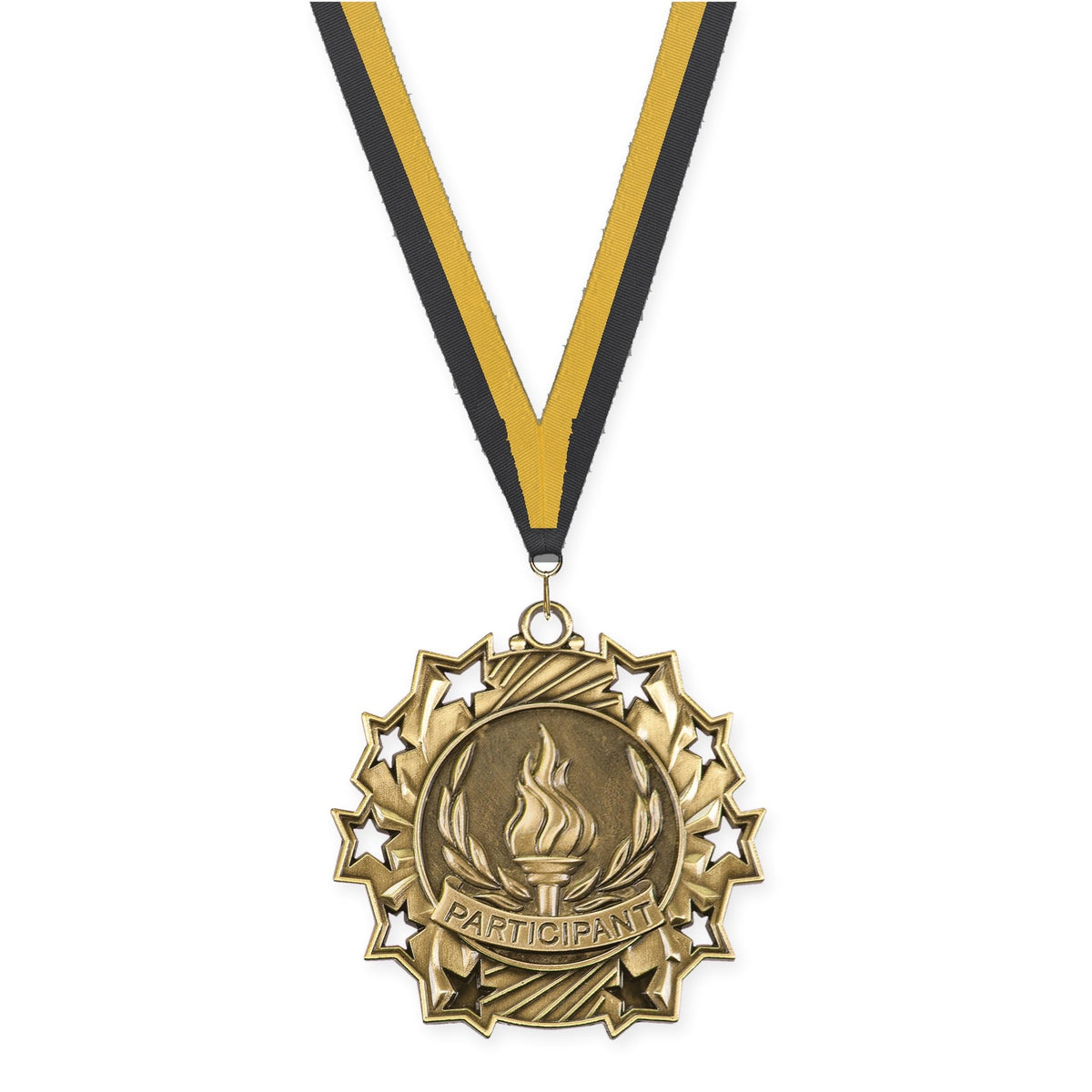 2 1/4 inch Participant Ten Star medal in antique gold with Black Gold neck ribbon
