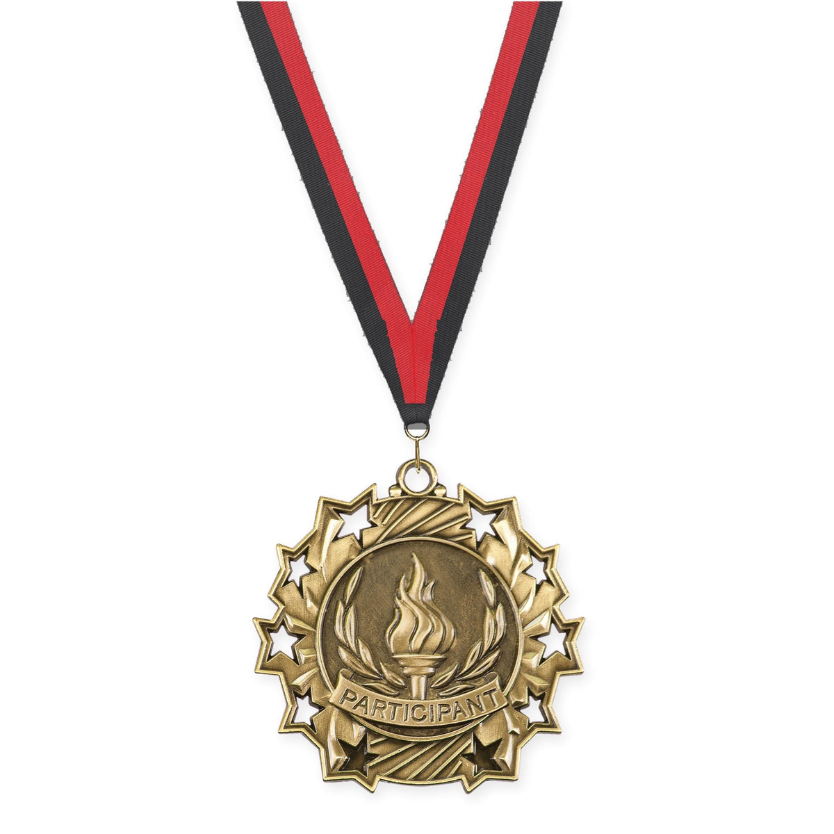 2 1/4 inch Participant Ten Star medal in antique gold with Black Red neck ribbon
