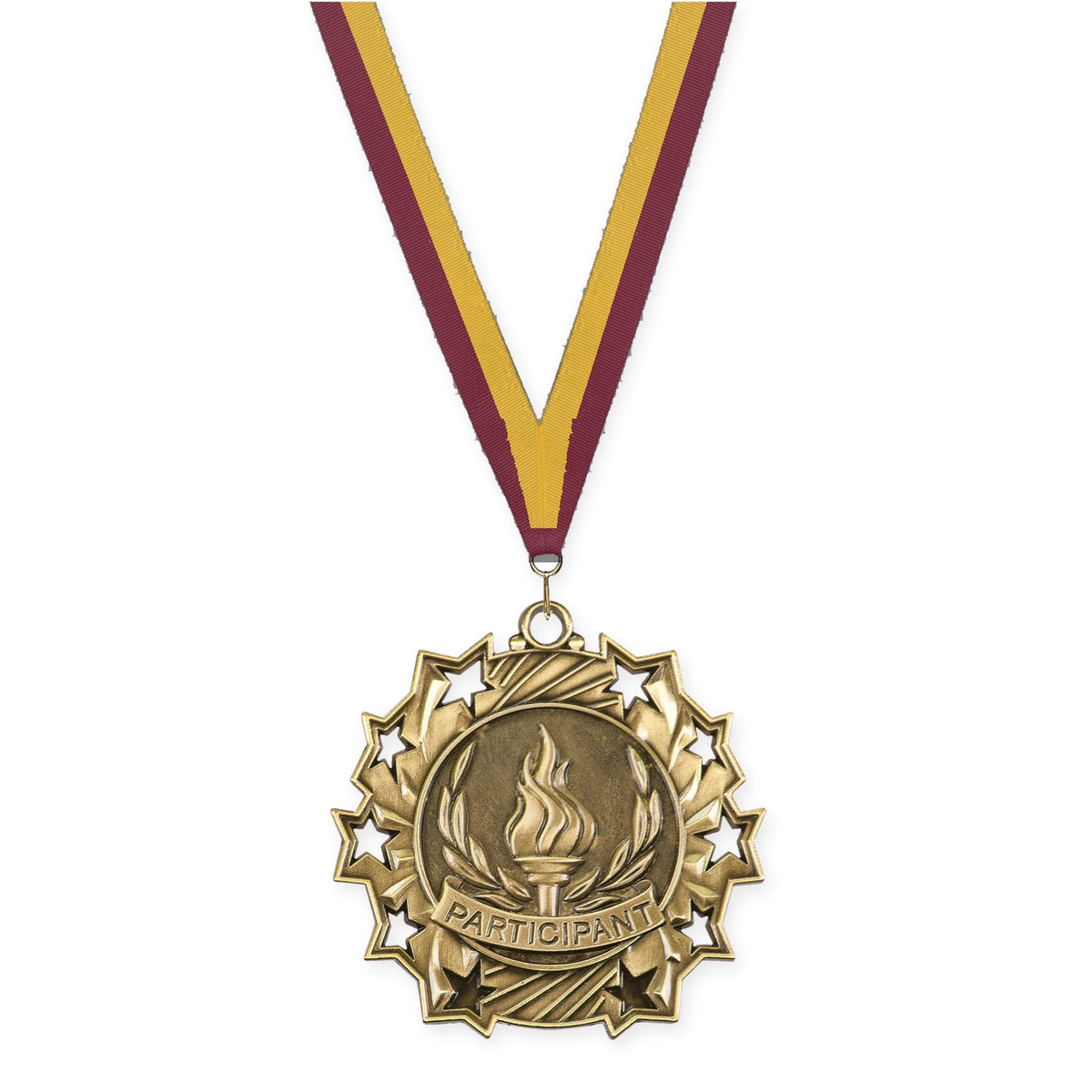 2 1/4 inch Participant Ten Star medal in antique gold with Maroon Gold neck ribbon