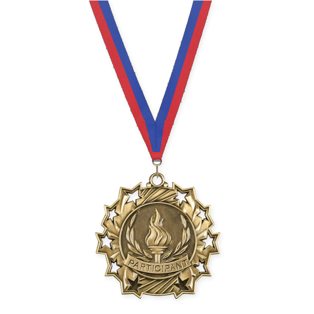 2 1/4 inch Participant Ten Star medal in antique gold with Blue Red neck ribbon