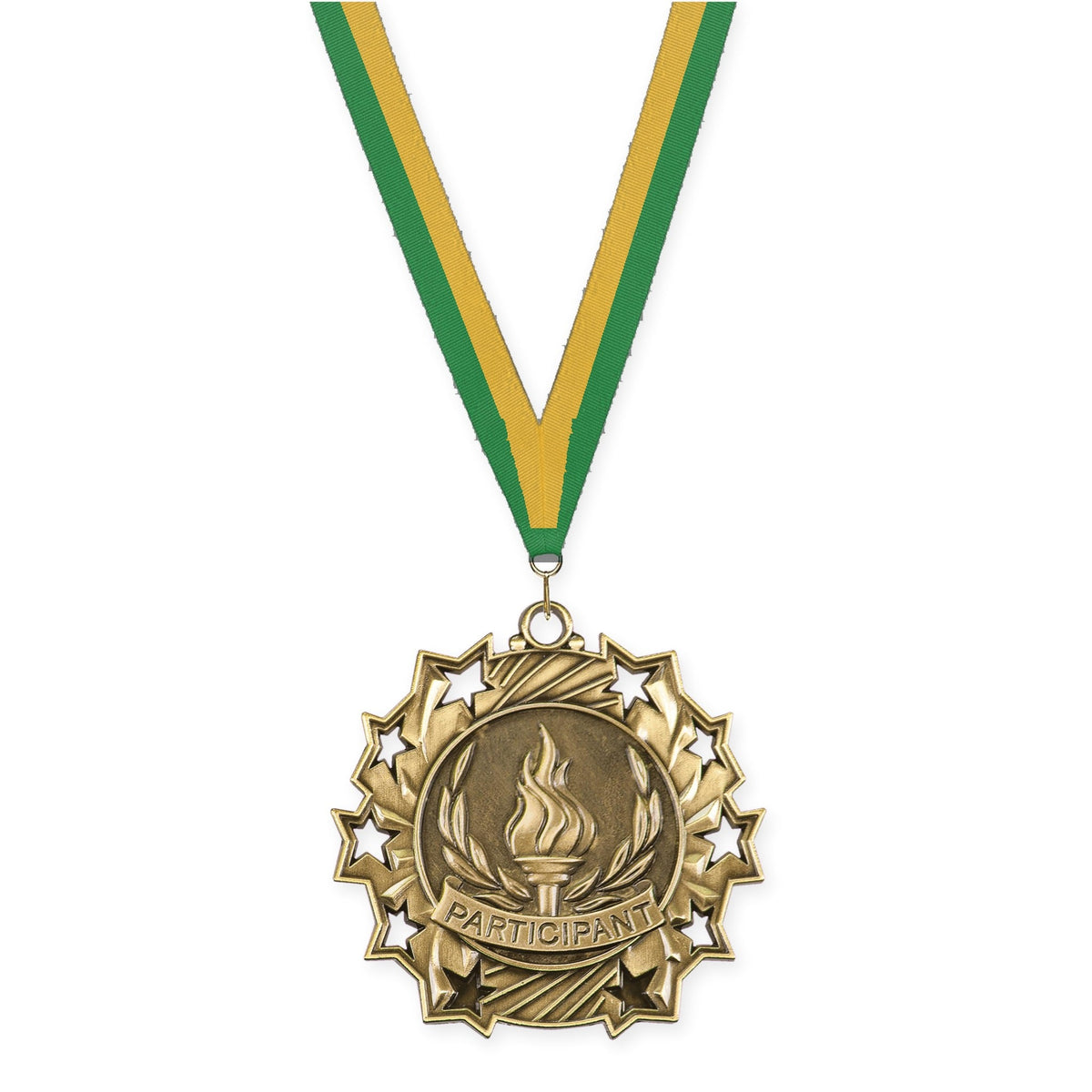 2 1/4 inch Participant Ten Star medal in antique gold with Green Gold neck ribbon