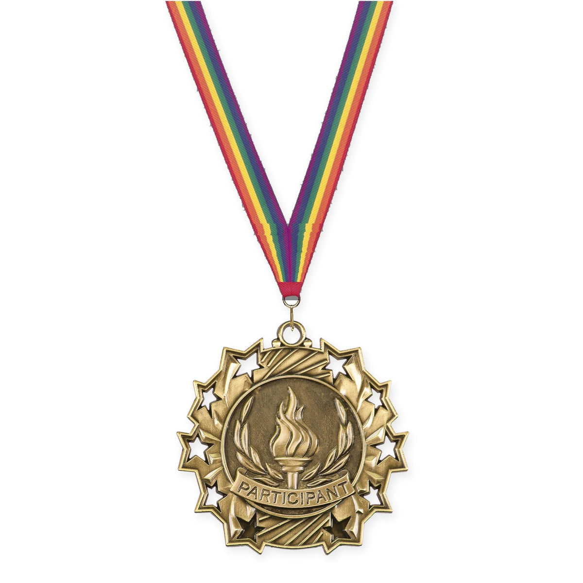 2 1/4 inch Participant Ten Star medal in antique gold with Rainbow neck ribbon