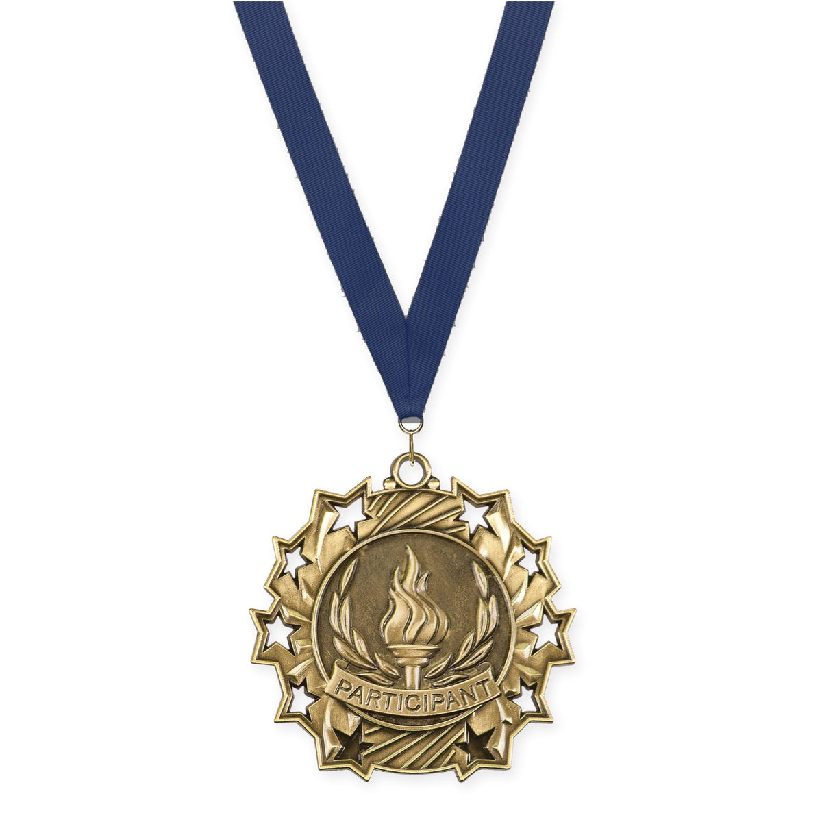 2 1/4 inch Participant Ten Star medal in antique gold with Navy neck ribbon