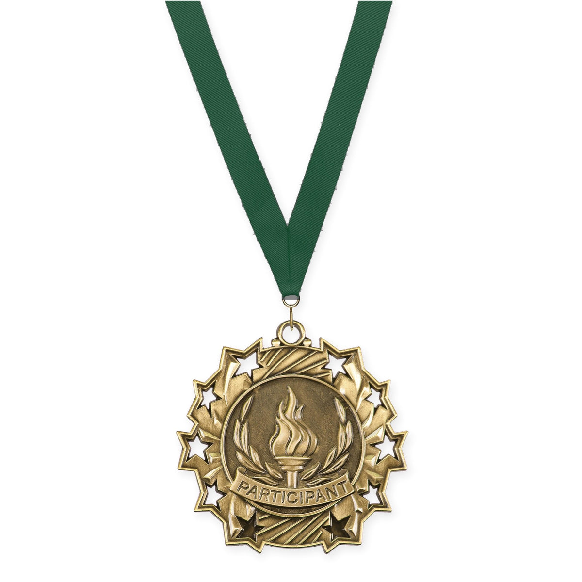 2 1/4 inch Participant Ten Star medal in antique gold with Hunter Green neck ribbon